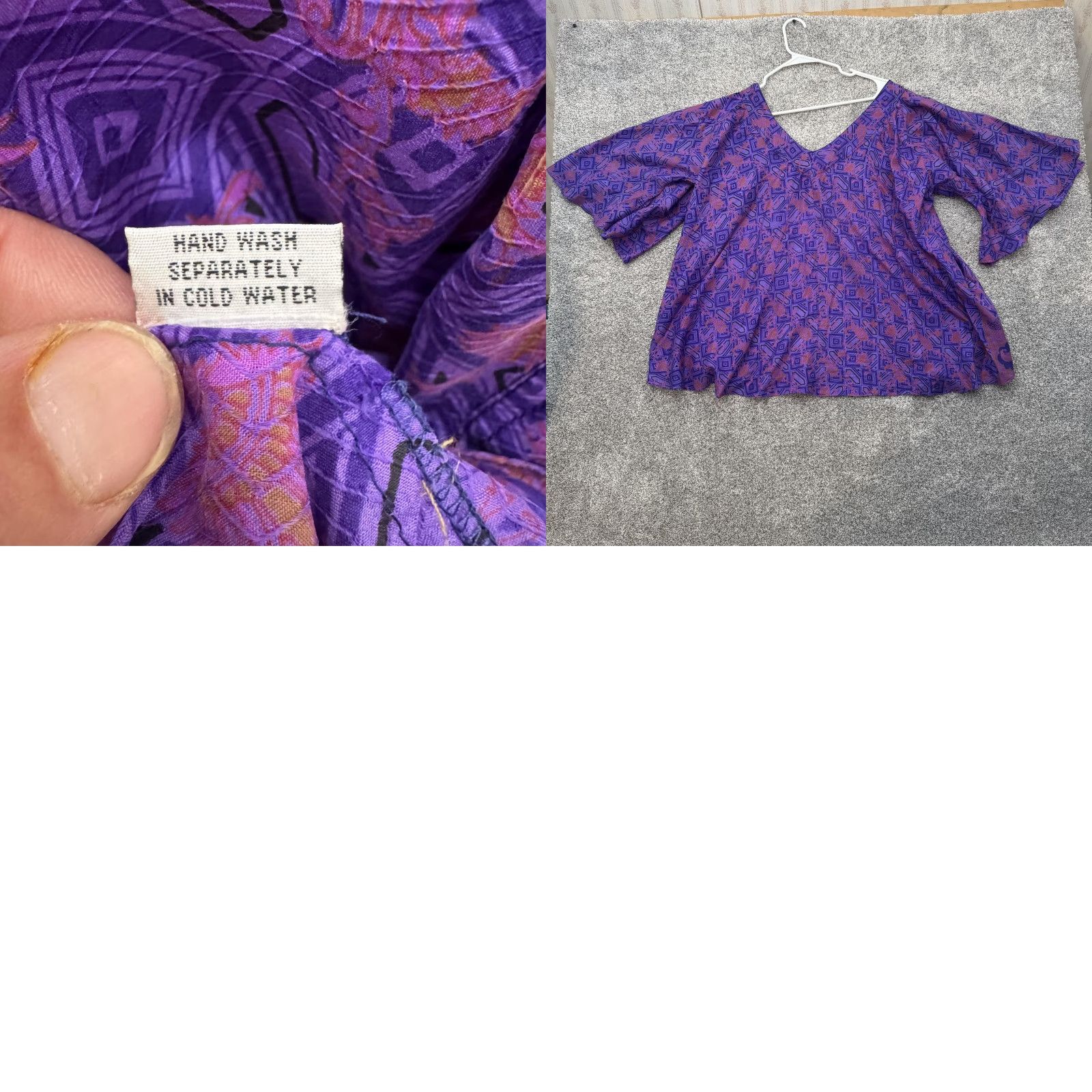 Vintage VINTAGE Boho Silk Blouse XL Purple Geometric Kimono Sleeve 3/4 Flutter V-Neck Women Adults Festival Whimsigoth Bohemian Size XL / US 12-14 / IT 48-50 - 8 Thumbnail