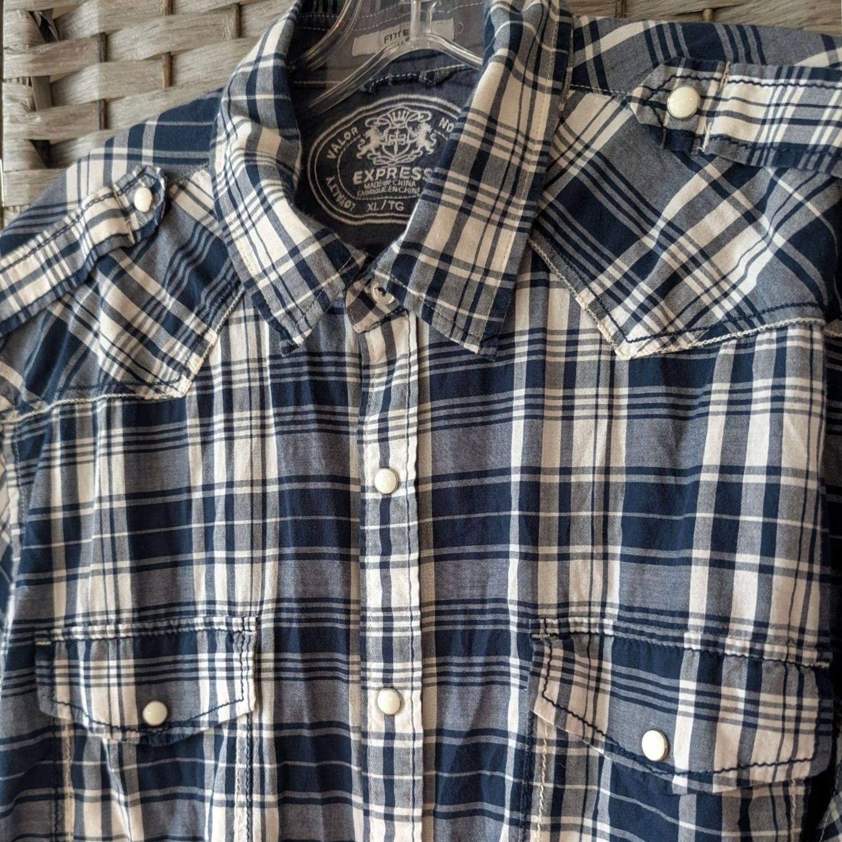 Express VINTAGE Express Short Sleeve Button Up Shirt Navy Blue Plaid Western Snap Mens XL Y2K Size US XL / EU 56 / 4 - 2 Thumbnail