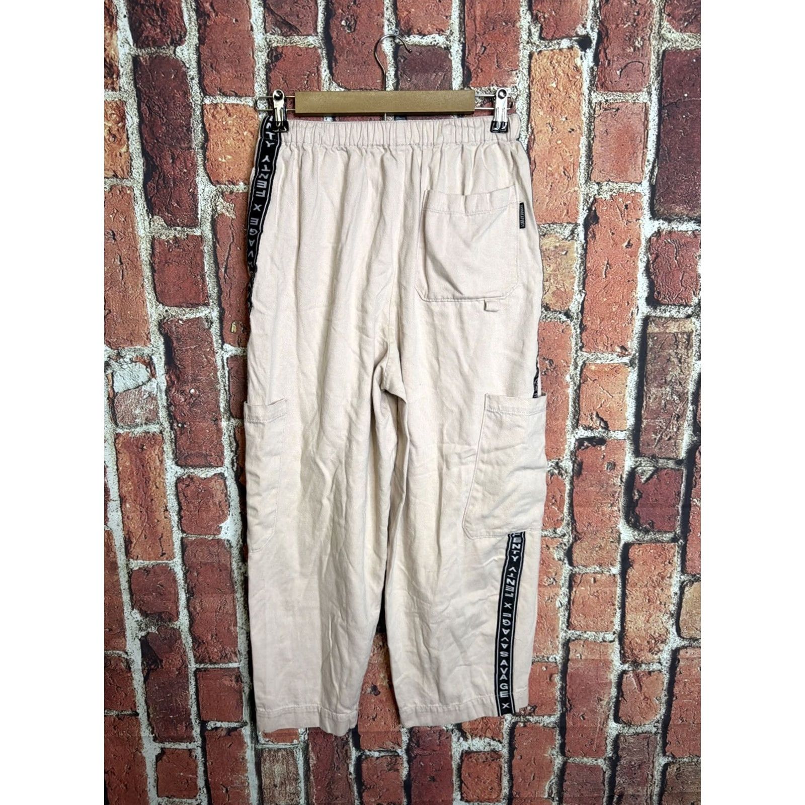 Vintage Savage X Fenty Cargo Pants Beige S Elastic Waist Logo Tape Twill Cotton Blend Women Size 28" / US 6 / IT 42 - 3 Thumbnail