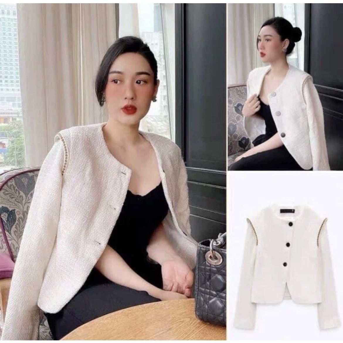 Zara ZARA Pronounced Shoulder Textured Jacket Ecru Cream Size XS / US 0-2 / IT 36-38 - 1 Thumbnail