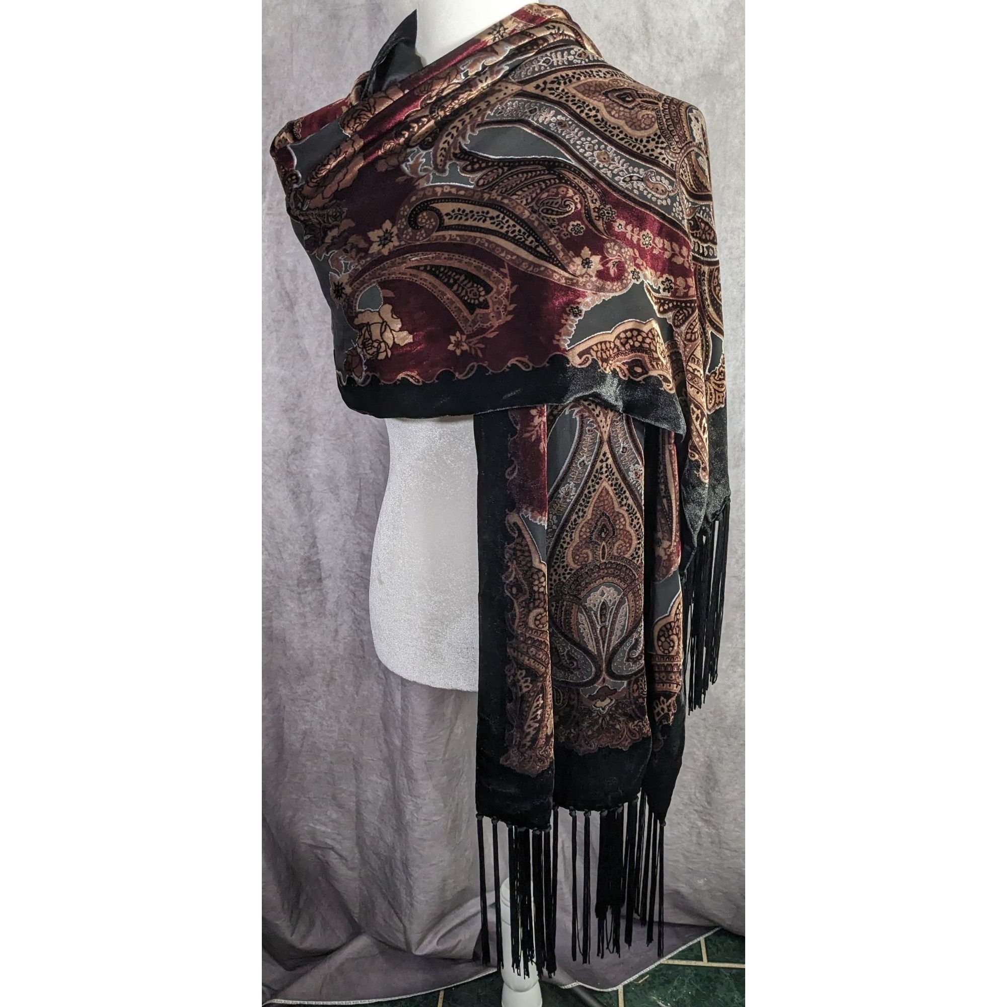 Other Vintage Burnt Velvet Paisley Wrap With Fringe - 73"x21" 9" T Size ONE SIZE - 8 Thumbnail