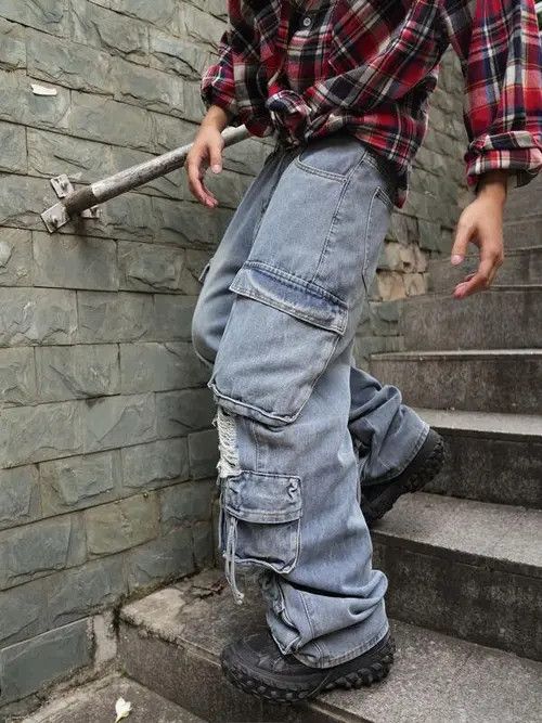 Jean Washed 90s Cargo Ripped Distressed Jeans Size US 32 / EU 48 - 1 Thumbnail