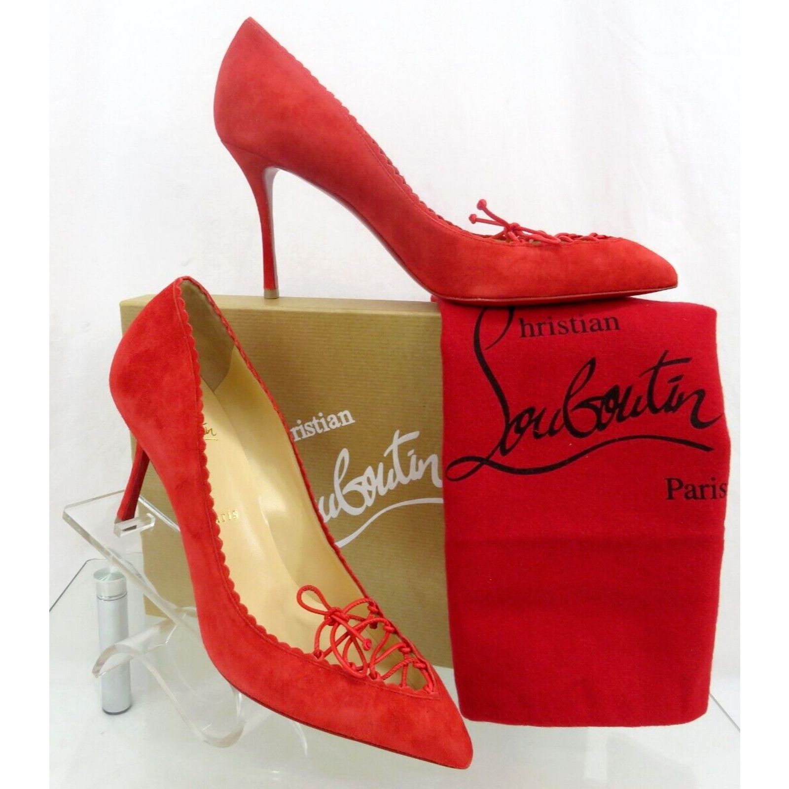 Christian Louboutin SCALOPUMP 85 RED SUEDE LEATHER LACE TIE POINTED TOE PUMPS 40 Size US 10 / IT 40 - 1 Thumbnail