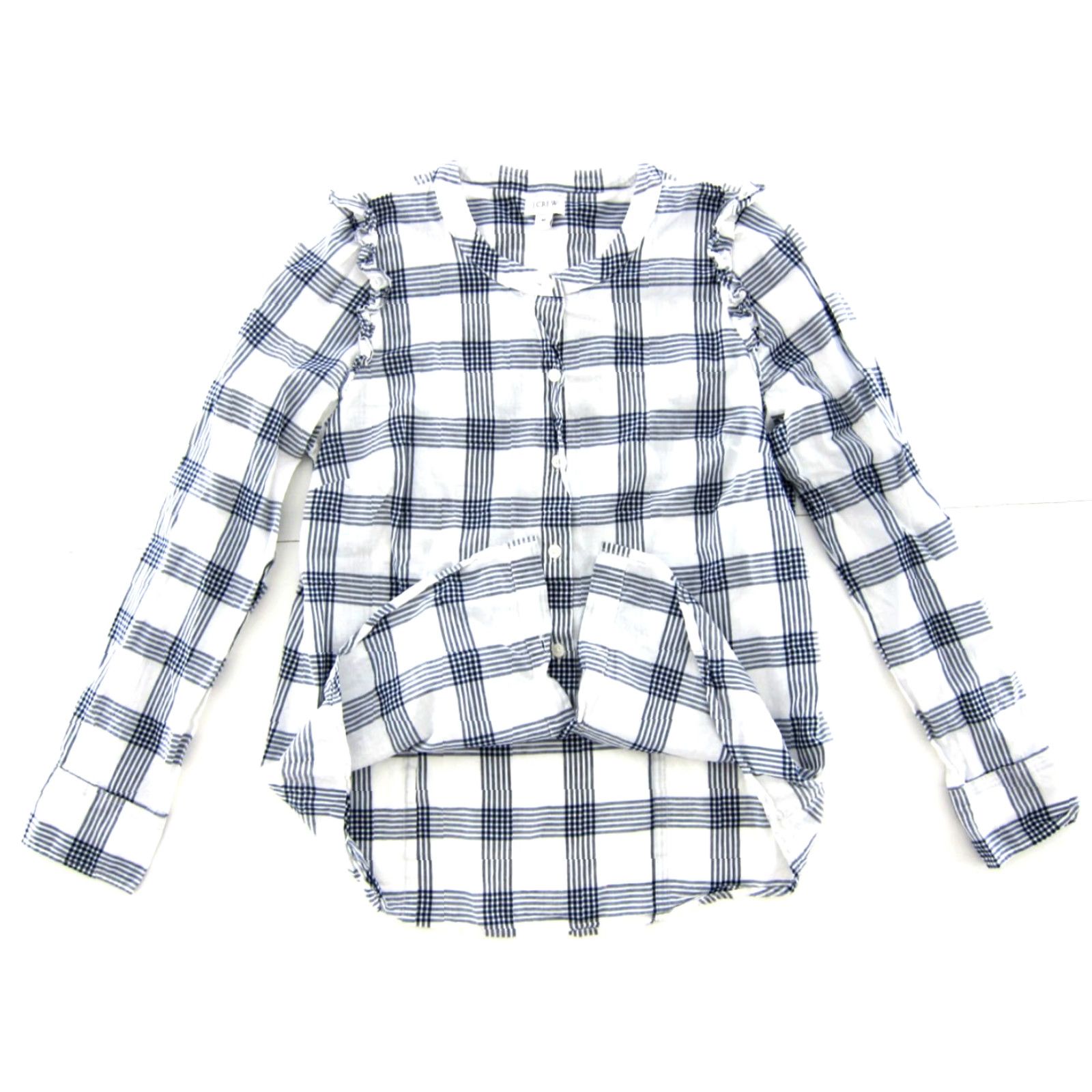 J.Crew J.CREW Blouse Shirt Navy Blue Stripe 100% Cotton Long Sleeve Button Up Ruffle Medium Women's Size M / US 6-8 / IT 42-44 - 5 Thumbnail