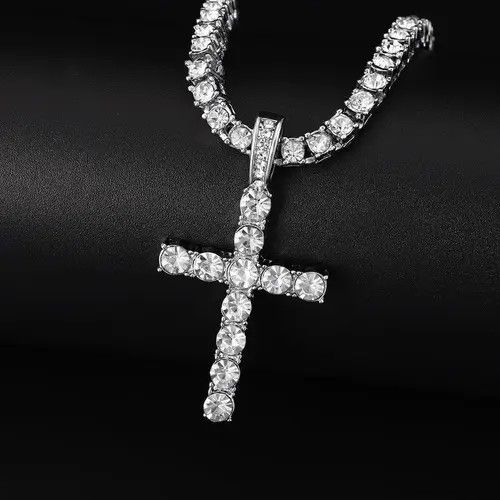 Jewelry Hip Hop Cross Pendant Necklace With 4mm Zircon Tennis Chain Size ONE SIZE - 2 Thumbnail