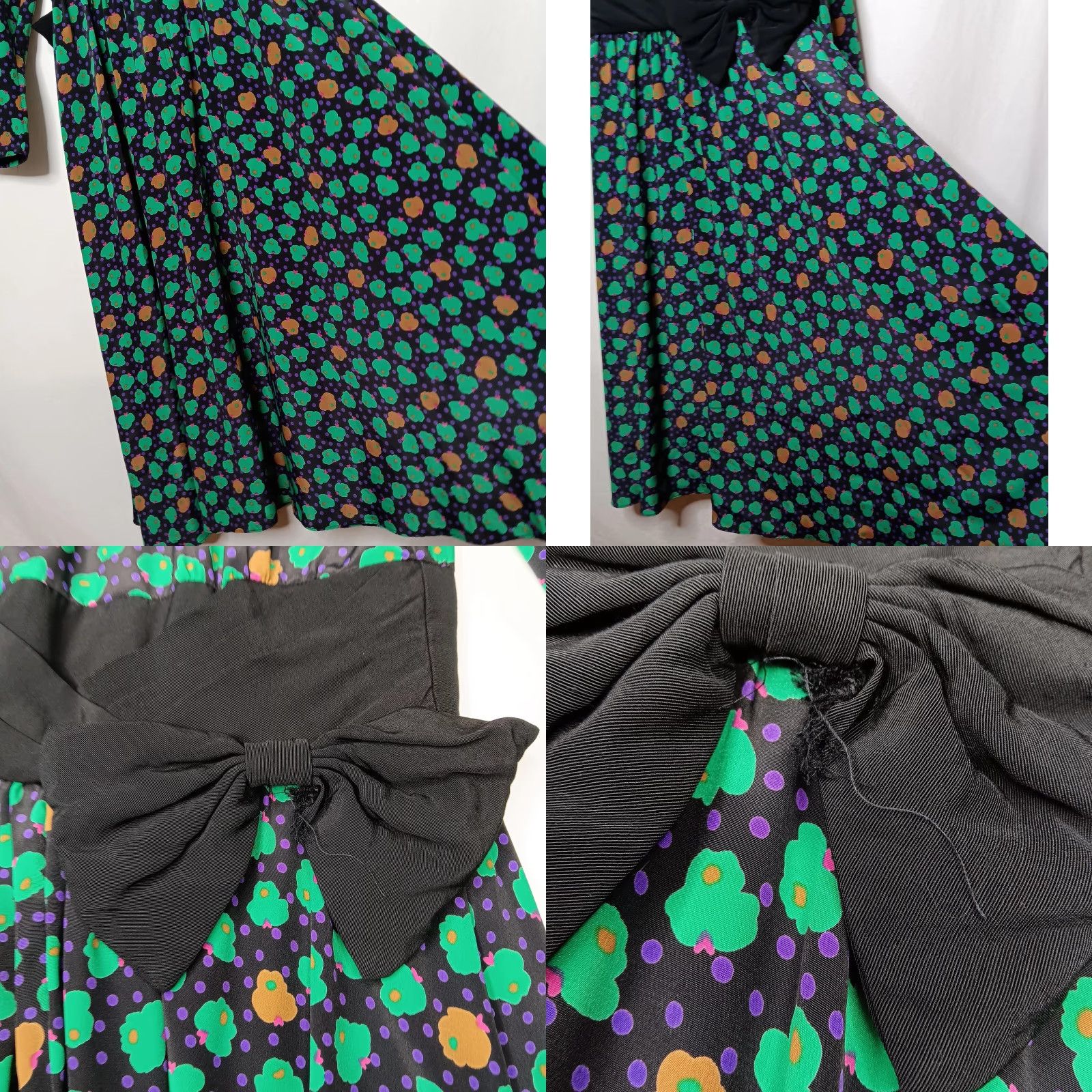 Vintage VINTAGE ACT I Dress Midi Floral Polka Dot Bow 80s A-Line Long Sleeve Black Green Purple Brown 7/8 Women's Boys Girls? Size M / US 6-8 / IT 42-44 - 8 Thumbnail