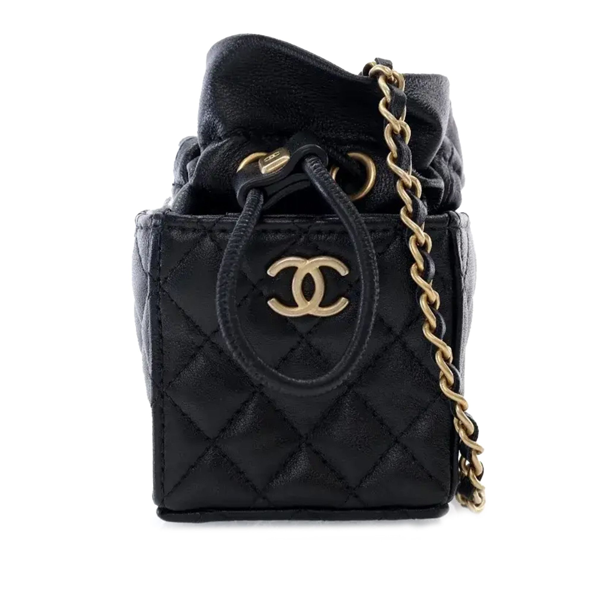 Chanel Mini Quilted Calfskin Drawstring Bucket Bag in Black, Women's