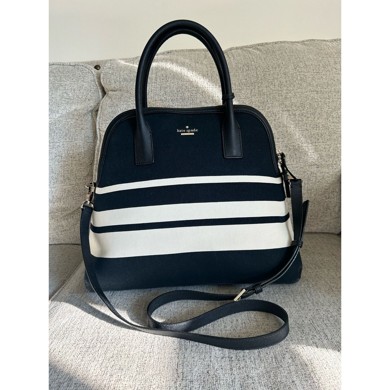 Kate Spade Kate Spade Canvas Tote Large Black White Stripe with Strap Size ONE SIZE - 1 Thumbnail