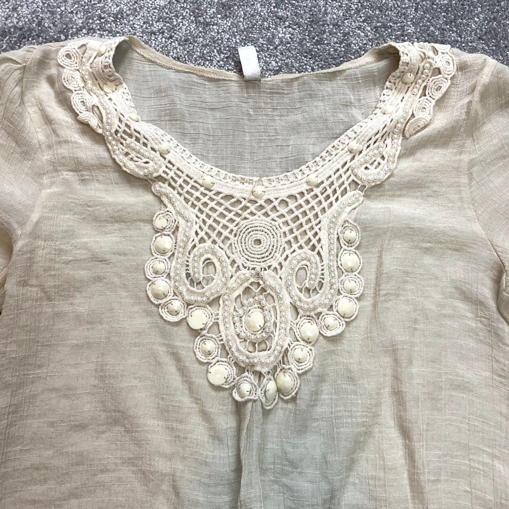 Vintage L&B Blouse Shirt Womens Small Beige 3/4 Sleeve Crochet Pullover Ladies Top Size S / US 4 / IT 40 - 2 Thumbnail