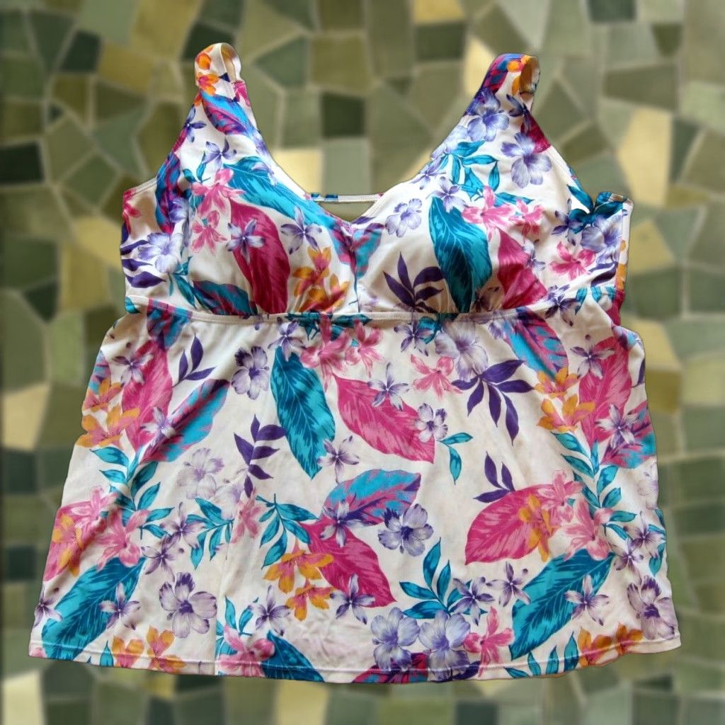 Vintage Swimsuits For All Pink Floral Top Tankini Wide Strap Padded Built In Bra 26 Plus Womens Size 4XL / US 24-26 - 1 Thumbnail