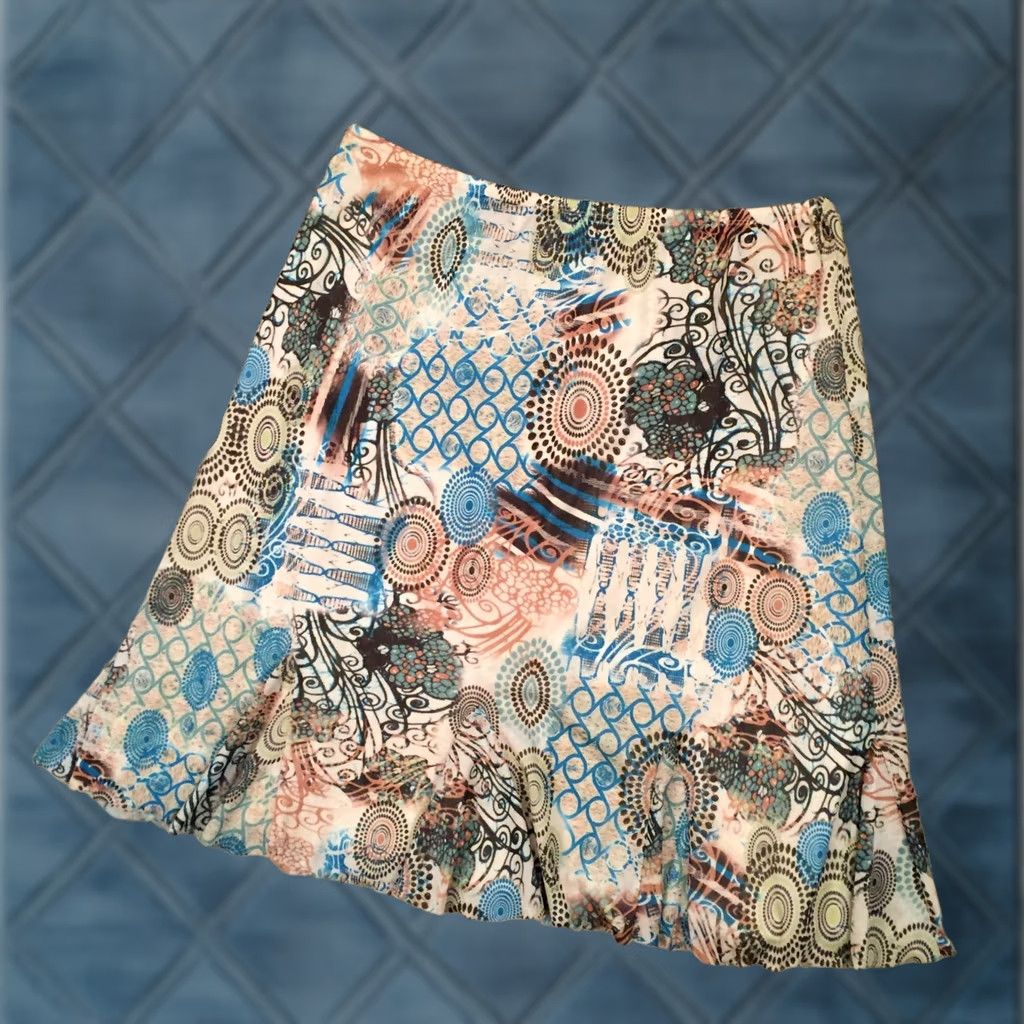 Vintage Preswick & Moore Geocuted Knee Length Blue Beige Polyester Skirt XL Size 40" / US 18 - 1 Thumbnail