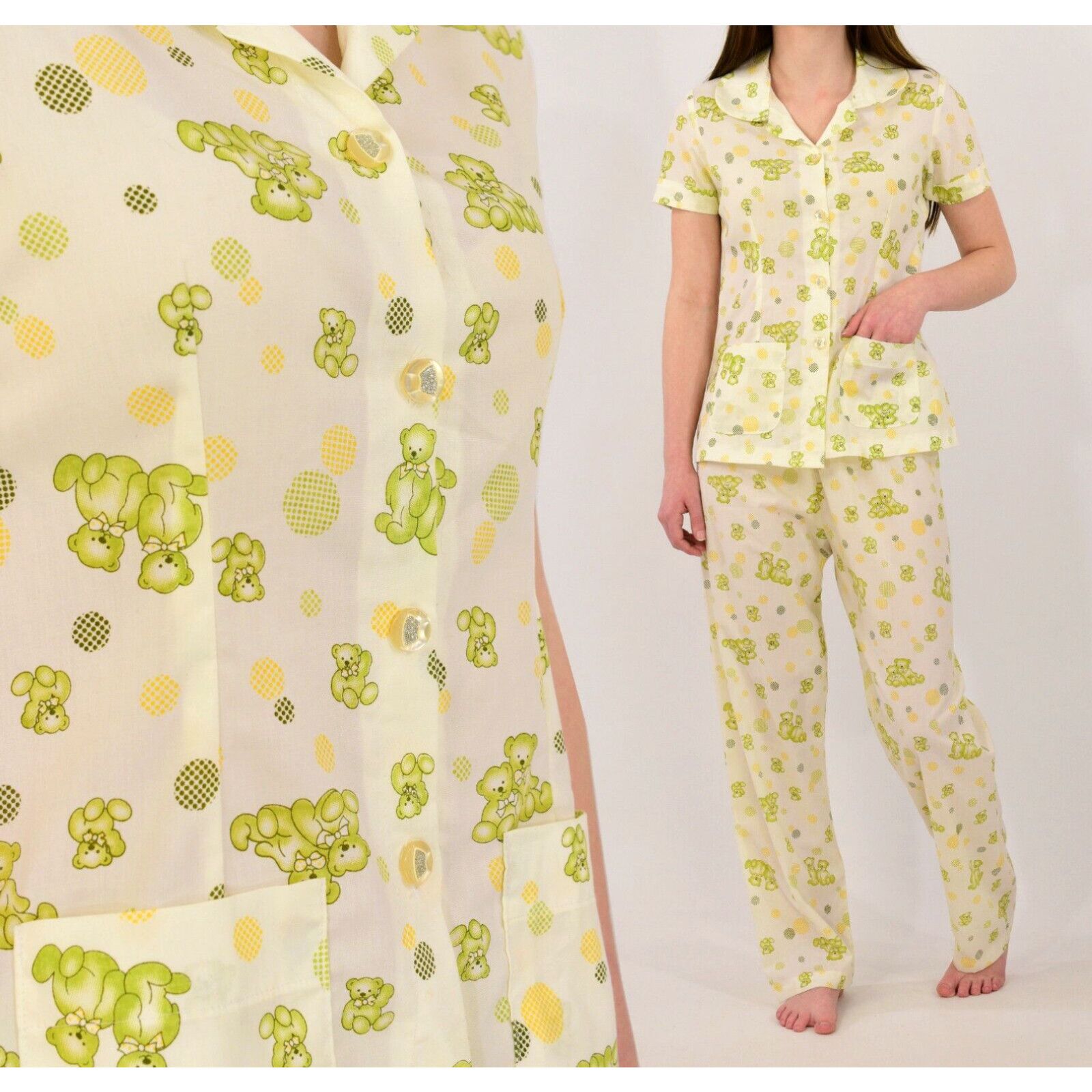 image of 60S Vintage Womens Xs/s Teddy Bear Print Pajama Set in White
