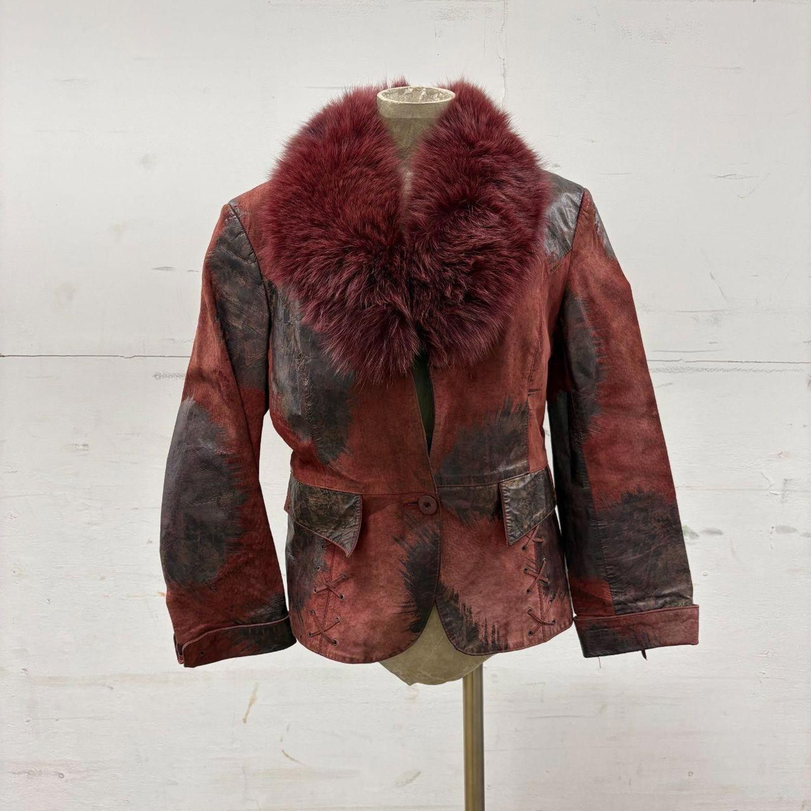 Other Y2K Vintage Red Patchwork Suede Moto Jacket Fox Fur Collar Size S / US 4 / IT 40 - 1 Thumbnail