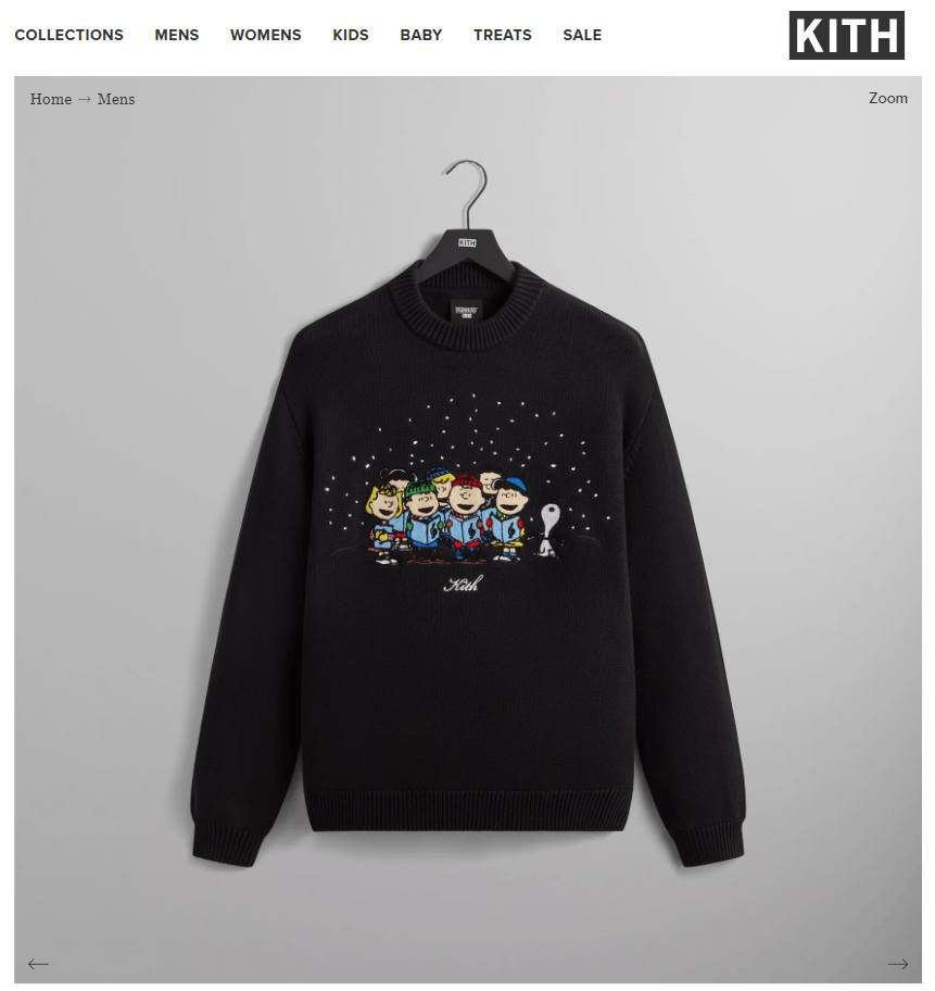 image of Kith For Peanuts Christmas Carol Sweater in Black, Men's (Size XL)