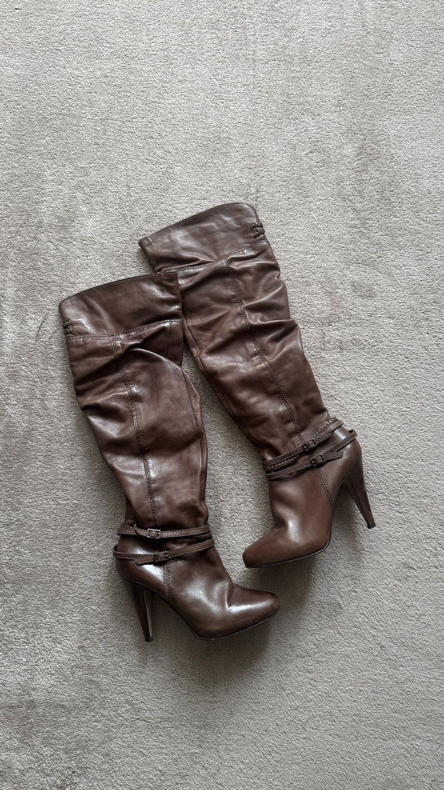 Vintage River Island Vintage High Heeled Strap Brown Leather Boots Size US 9 / EU 42 - 1 Thumbnail