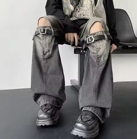 Jean Washed Black Baggy Wide Leg Knee Strap Jeans Size US 31 - 1 Thumbnail