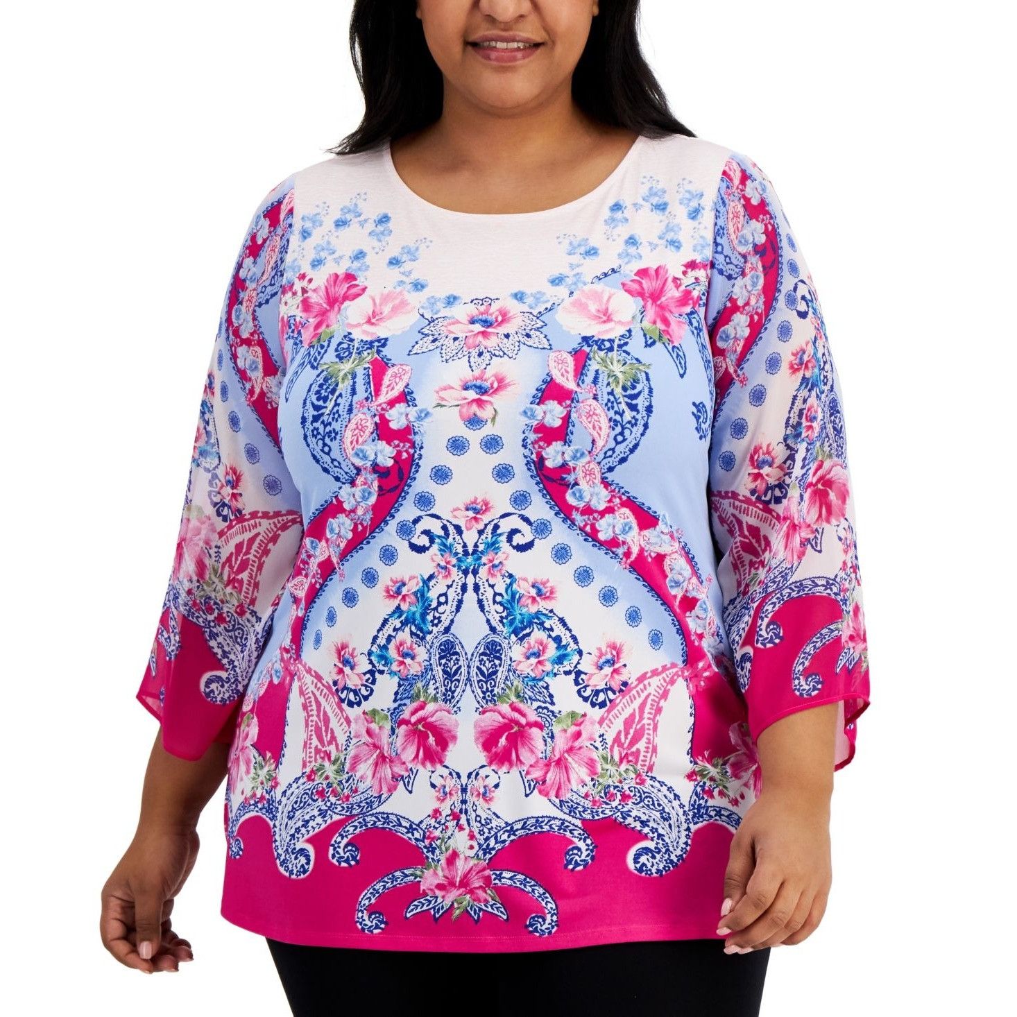JM Collection JM Collection Tulip Sleeve Plus Size Printed Top, Fuchsia, 1 Size ONE SIZE - 9 Thumbnail