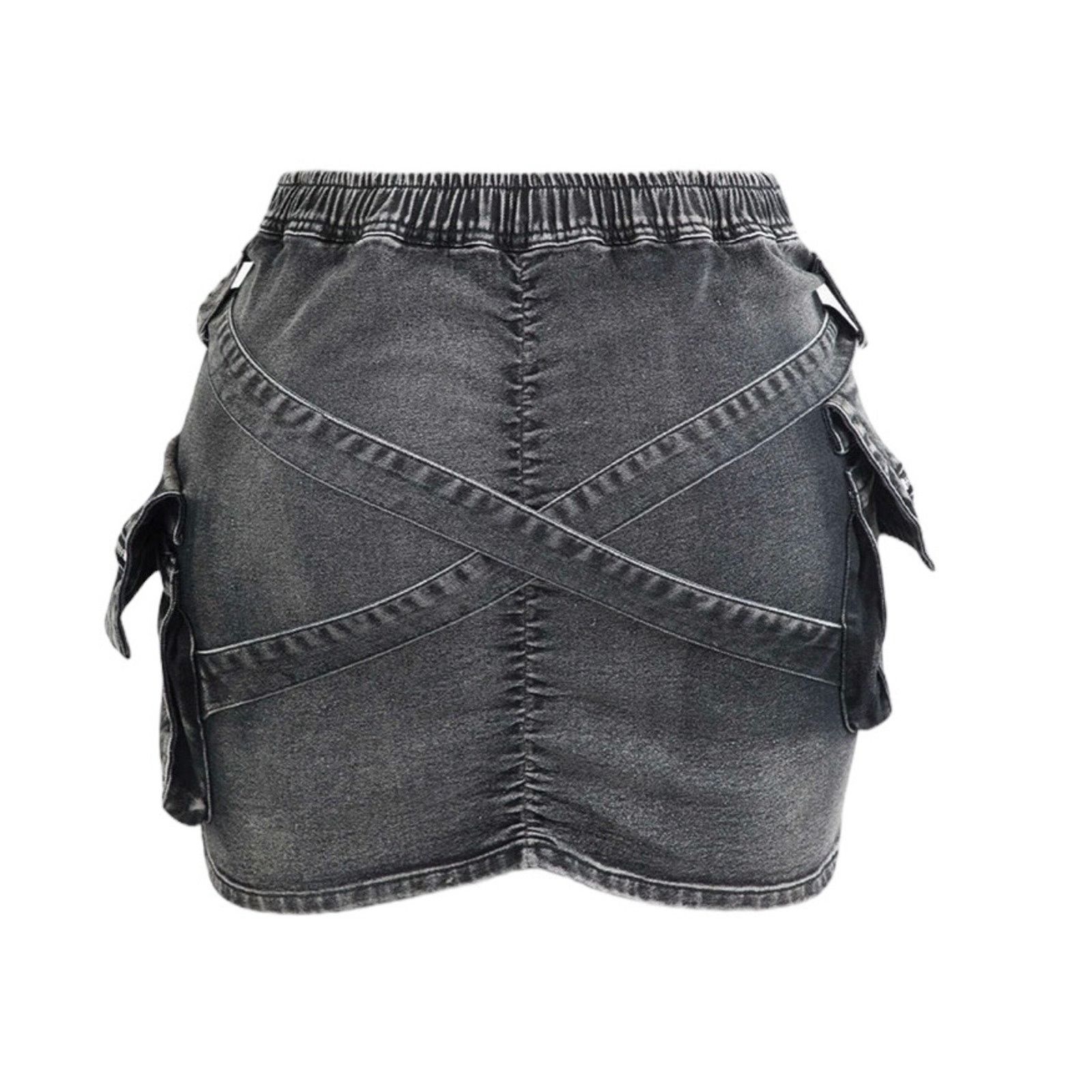 Other Micas Black V-Waist Buckle Flap Pocket Denim Cargo Skirt Size 28" / US 6 / IT 42 - 2 Thumbnail