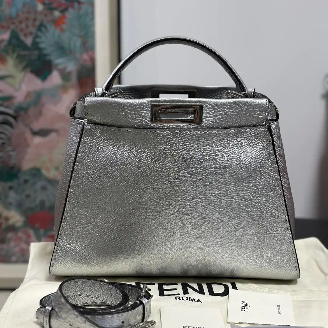 Fendi FENDI Peekaboo Medium silver cowhide leather handbag Size ONE SIZE - 1 Thumbnail