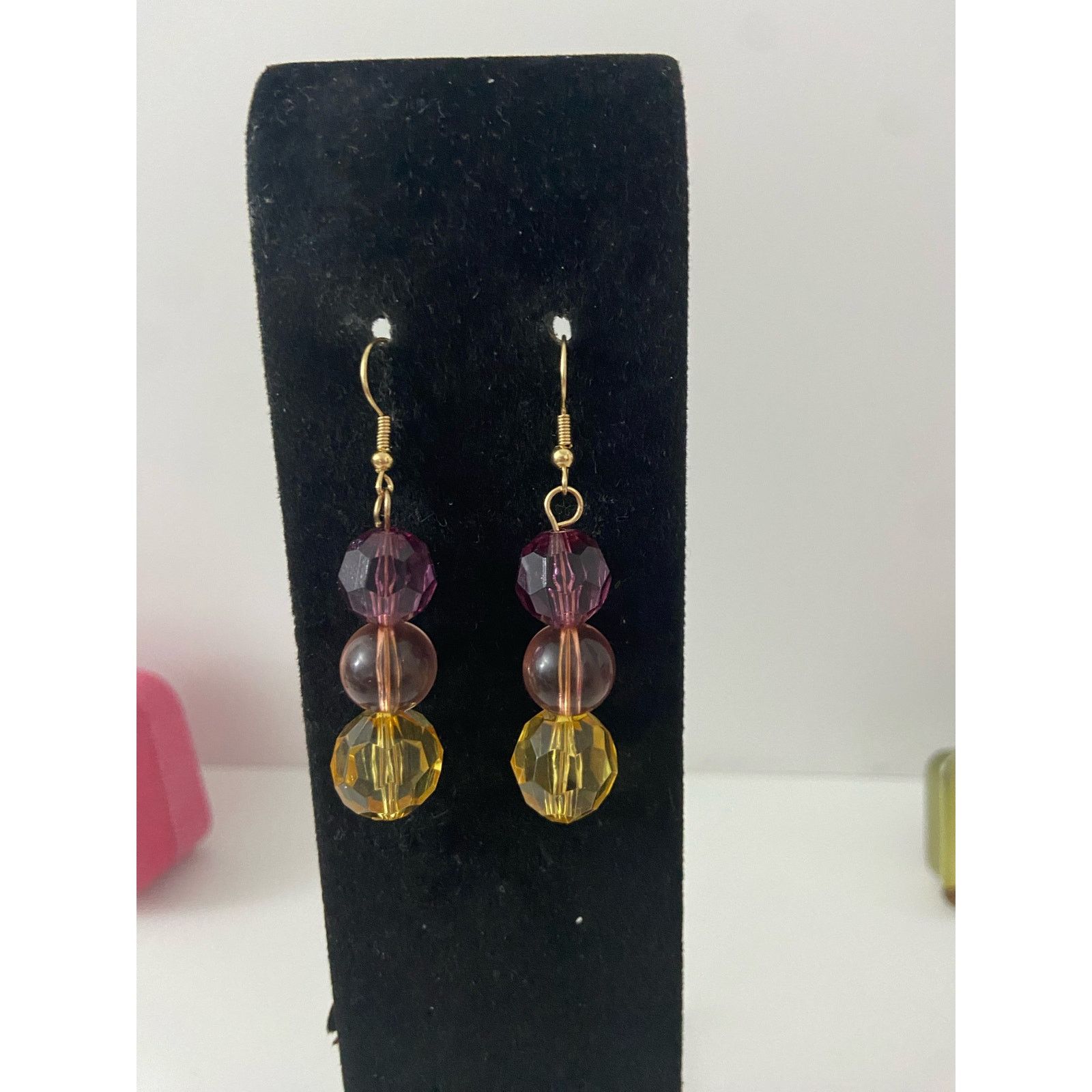 Handmade purple pink and yellow bead earrings Size ONE SIZE - 1 Thumbnail