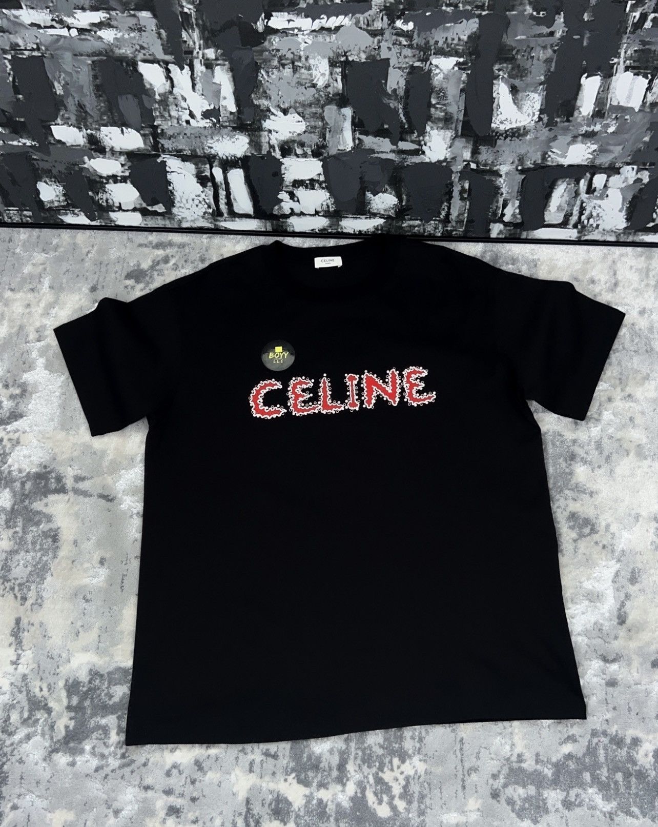 image of Celine Rhinestone Logo T Shirt in Black, Men's (Size XL)