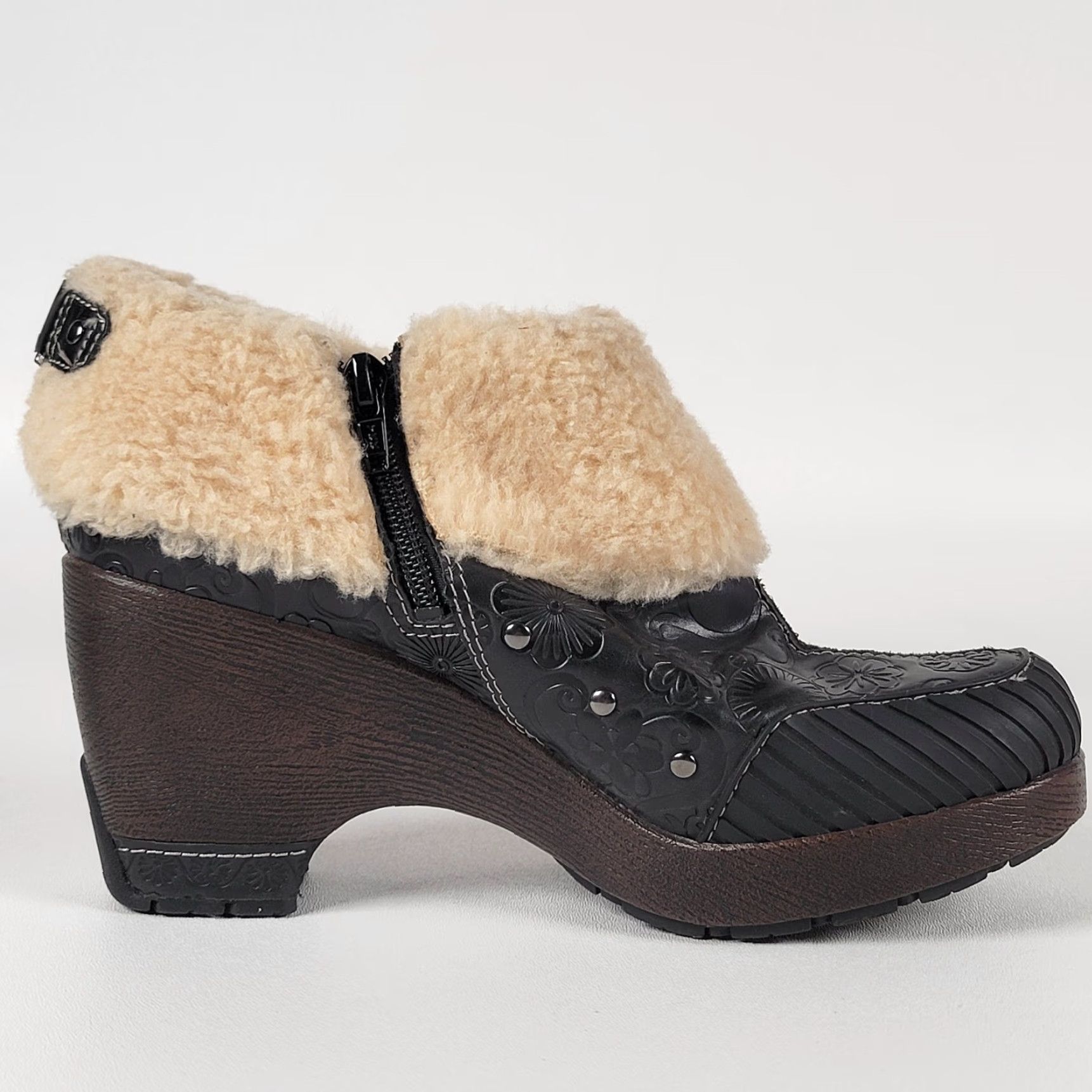 Vintage Jambu HOLLAND Bootie Women 8M Black Tooled Leather Faux Fur Trim Shoes Boots Size US 8 / IT 38 - 6 Thumbnail