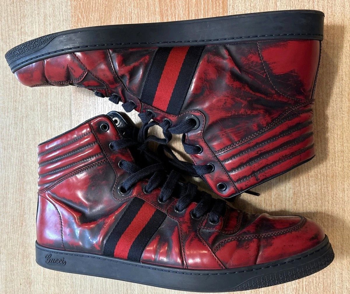 Gucci High Top Sneakers Red Leather Lace Up GG