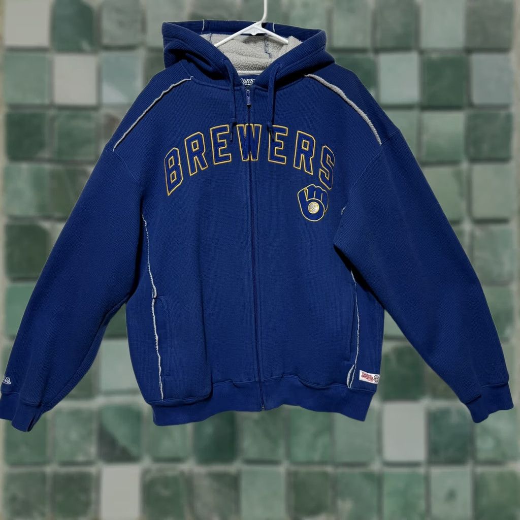 Vintage VINTAGE Milwaukee Brewers Stitches Men's Hoodie L Blue Thermal Fleece Lined Zip Full Zip MLB Sports 2 Washable Spots Mens Size US L / EU 52-54 / 3 - 1 Thumbnail