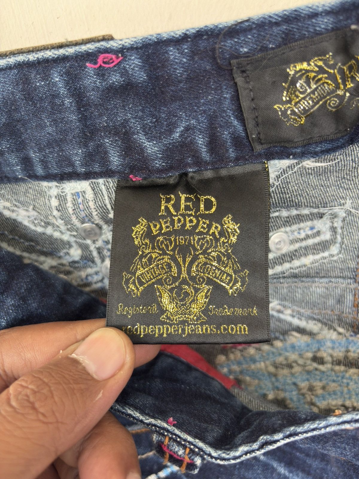 Japanese Brand Red Pepper Union Jack Streetwear Low Flared Distressed Denim Size US 31 - 13 Thumbnail