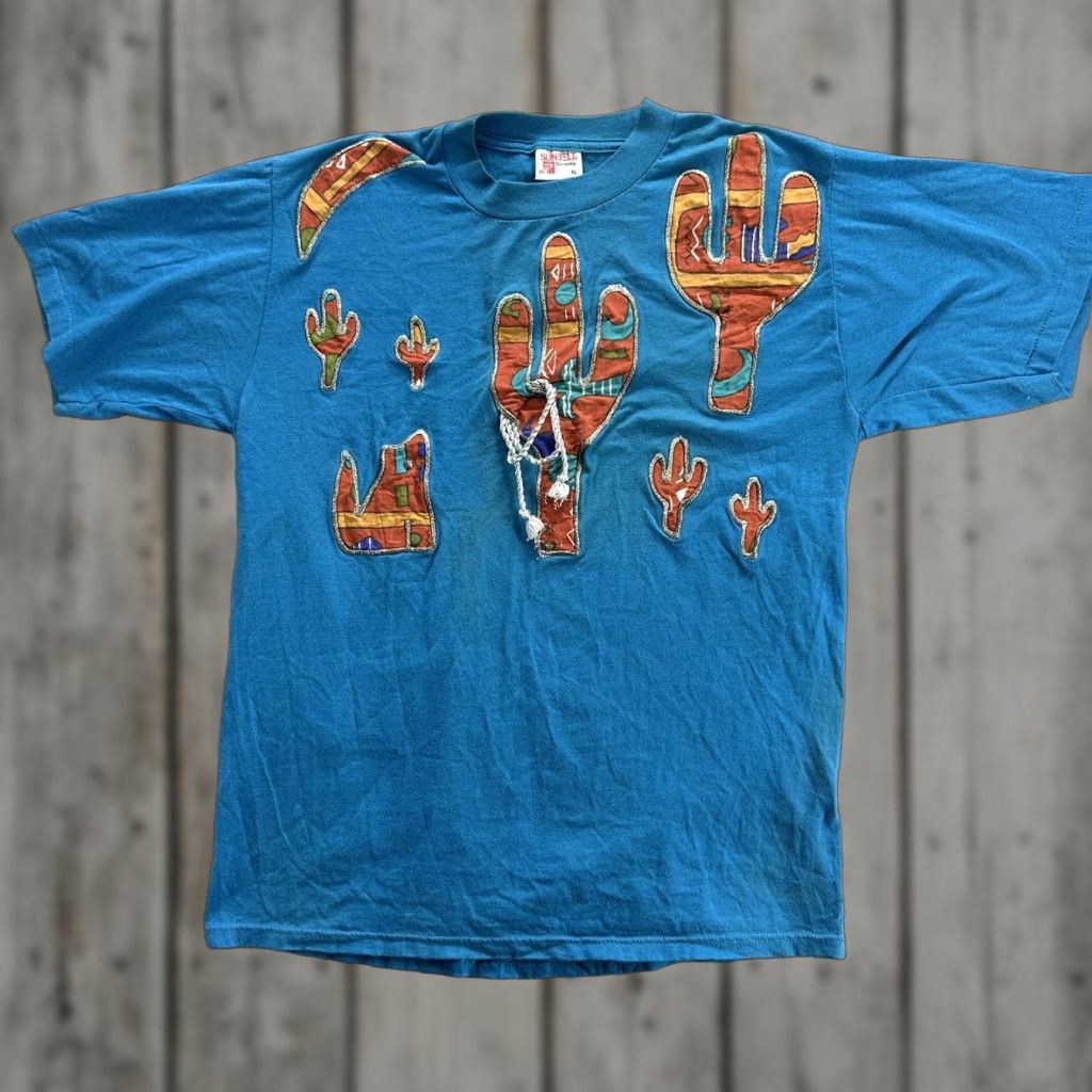 Vintage VINTAGE Sunbelt Shirt Mens XL Blue Southwestern Cactus Applique Made USA 90s Size US XL / EU 56 / 4 - 1 Thumbnail