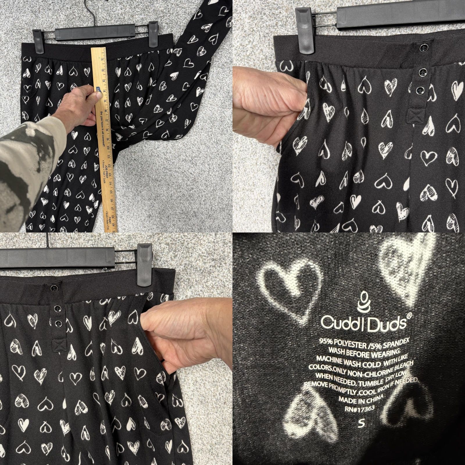 Vintage Cuddl Duds Pajama Set Womens Small Black Heart Print Knit Lounge Sleepwear Size ONE SIZE - 9 Thumbnail