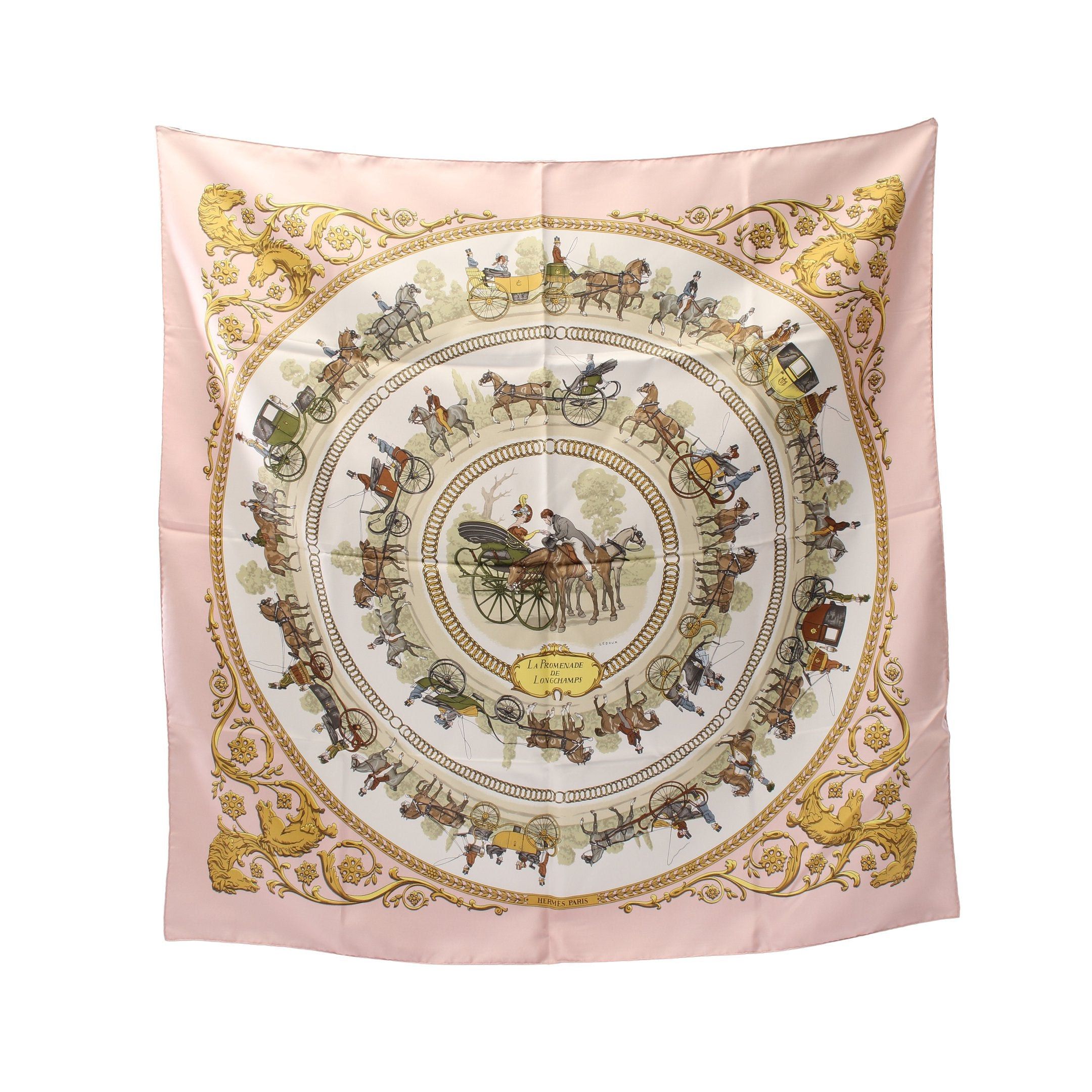Hermes Hermes Carres 90 La Promenade De Longchamps Scarf Silk White Pink Multicolor Size ONE SIZE - 1 Thumbnail