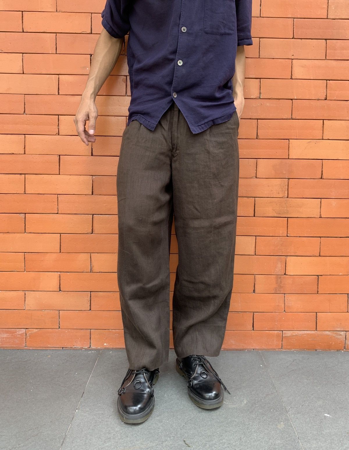 image of Comme Des Garcons Homme Shiny Linen Wideleg Trousers in Brown, Men's (Size 30)