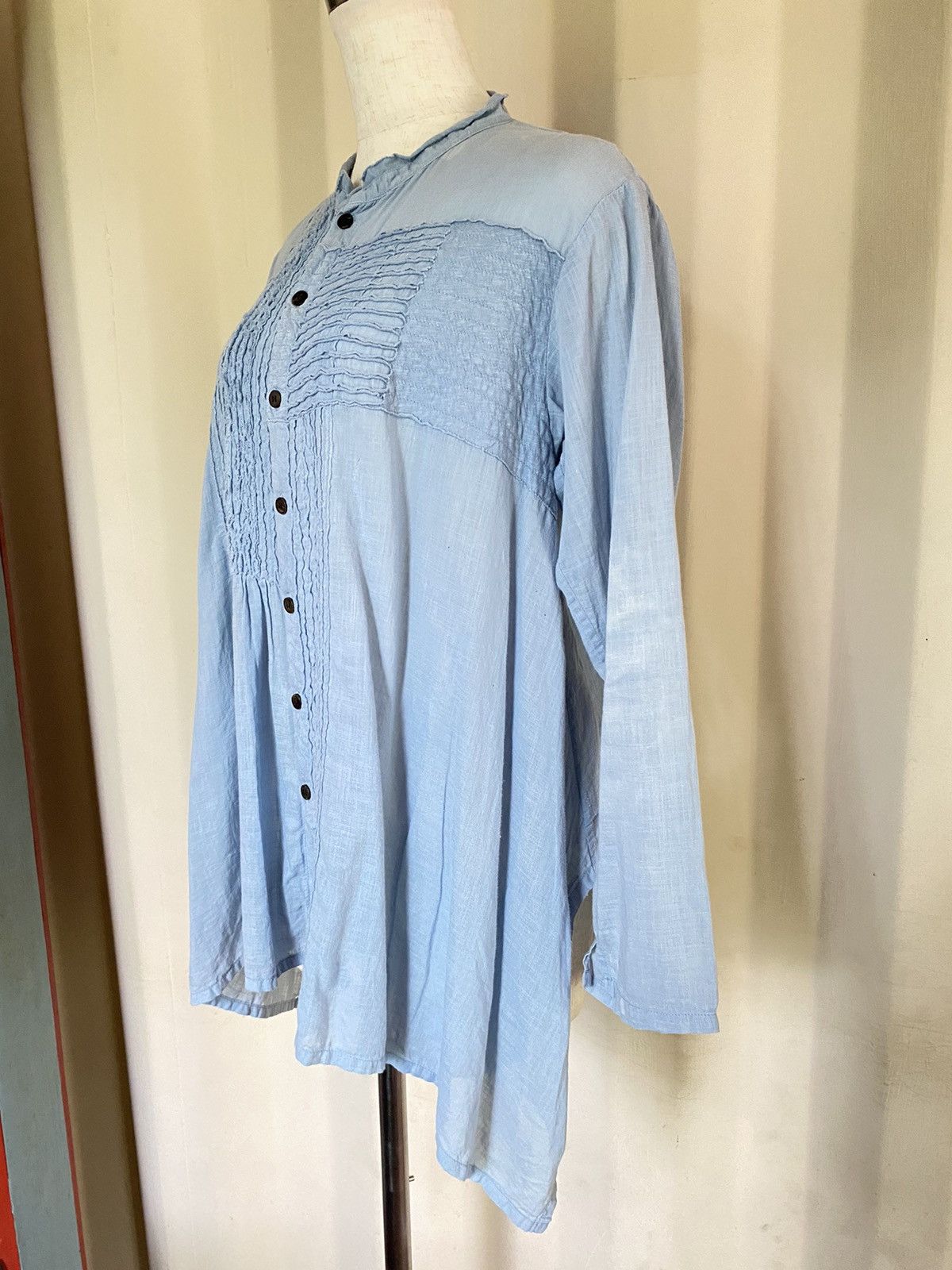 Issey Miyake Plantation Light Blue Pintuck Mandarin Collar Shirt Size ONE SIZE - 3 Thumbnail