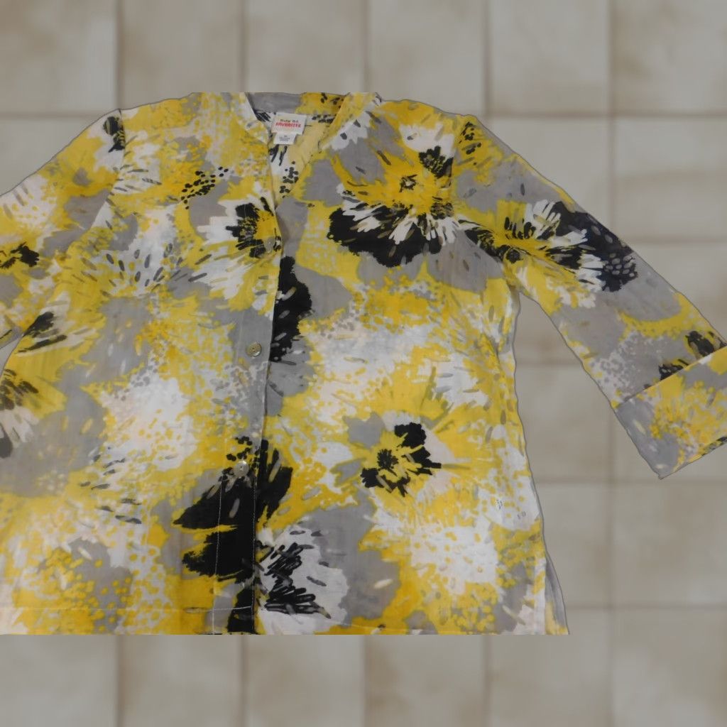 Vintage Ruby Rd Blouse Womens 10 Yellow Button Down Casual Crew Neck Long Sleeve Cotton Polyester Rayon Breathable Regular Classic Vintage: No (Women) Size L / US 10 / IT 46 - 1 Thumbnail
