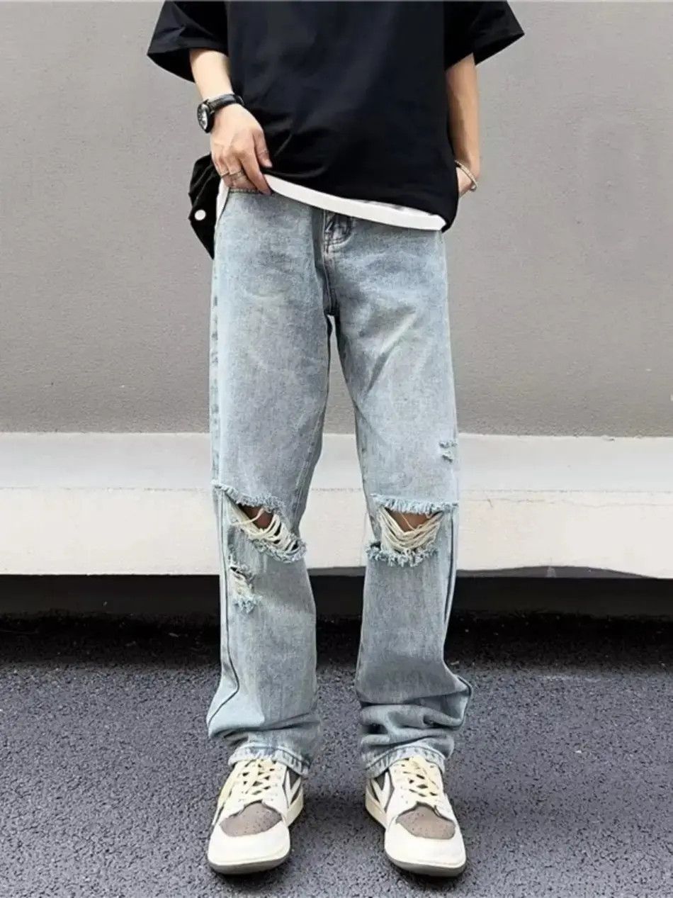 Japanese Brand Retro straight leg loose fitting casual distressed jeans Size US 30 / EU 46 - 1 Thumbnail