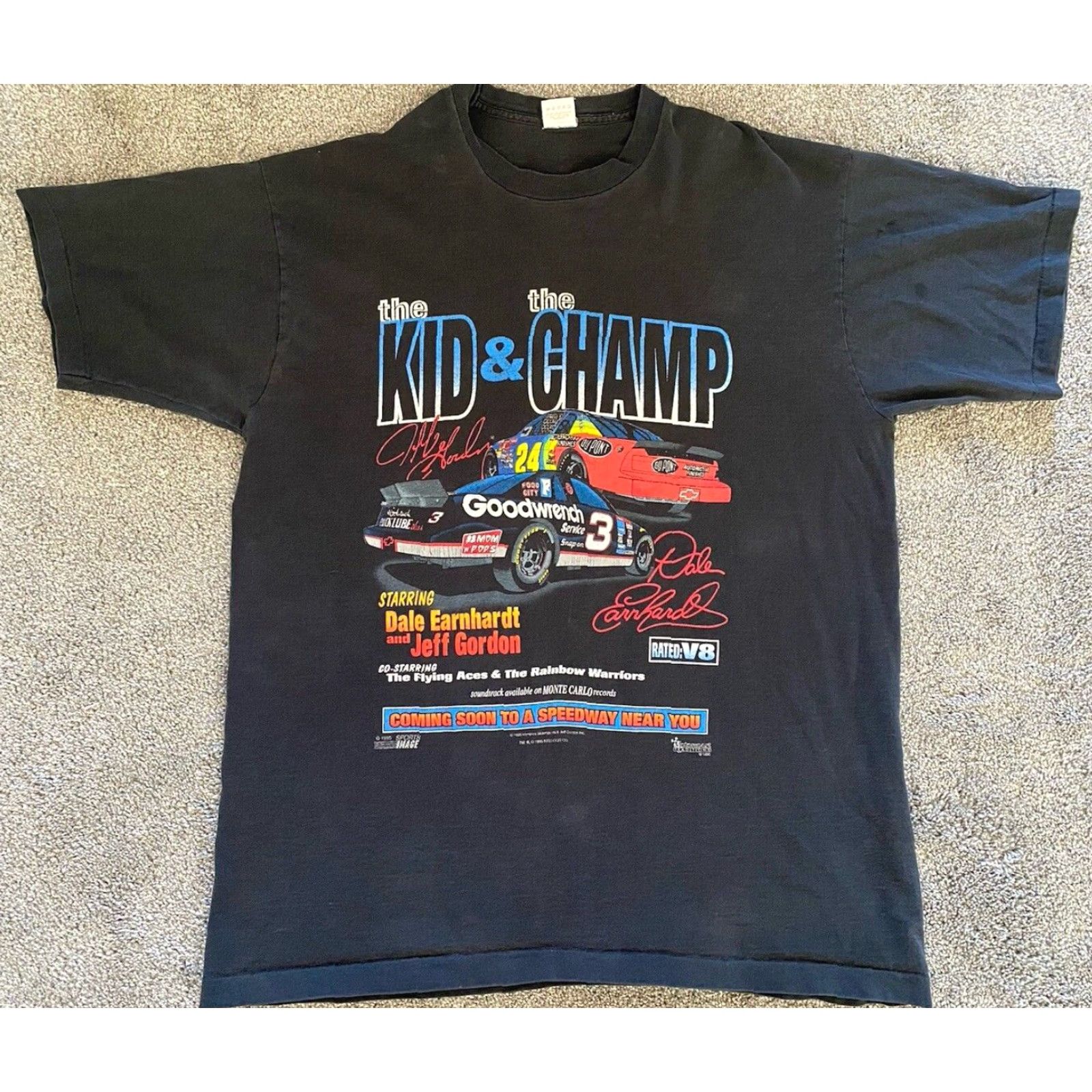 Fruit Of The Loom VINTAGE 1995 The Kid & The Champ Shirt 2XL Black Dale Earnhardt Jeff Gordon Fruit of the Loom Shirt Mens T-Shirt 90s Grunge USA Passenger Theme Size US XXL / EU 58 / 5 - 2 Thumbnail