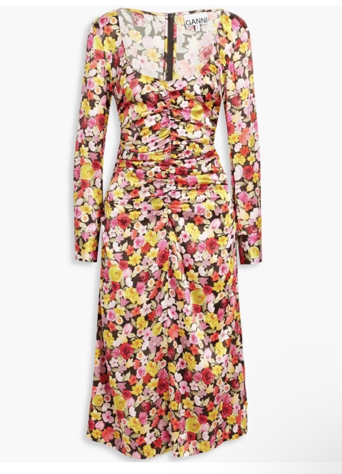 Ganni Ganni Ruched floral-print silk-blend satin midi Dress Size L / US 10 / IT 46 - 1 Thumbnail