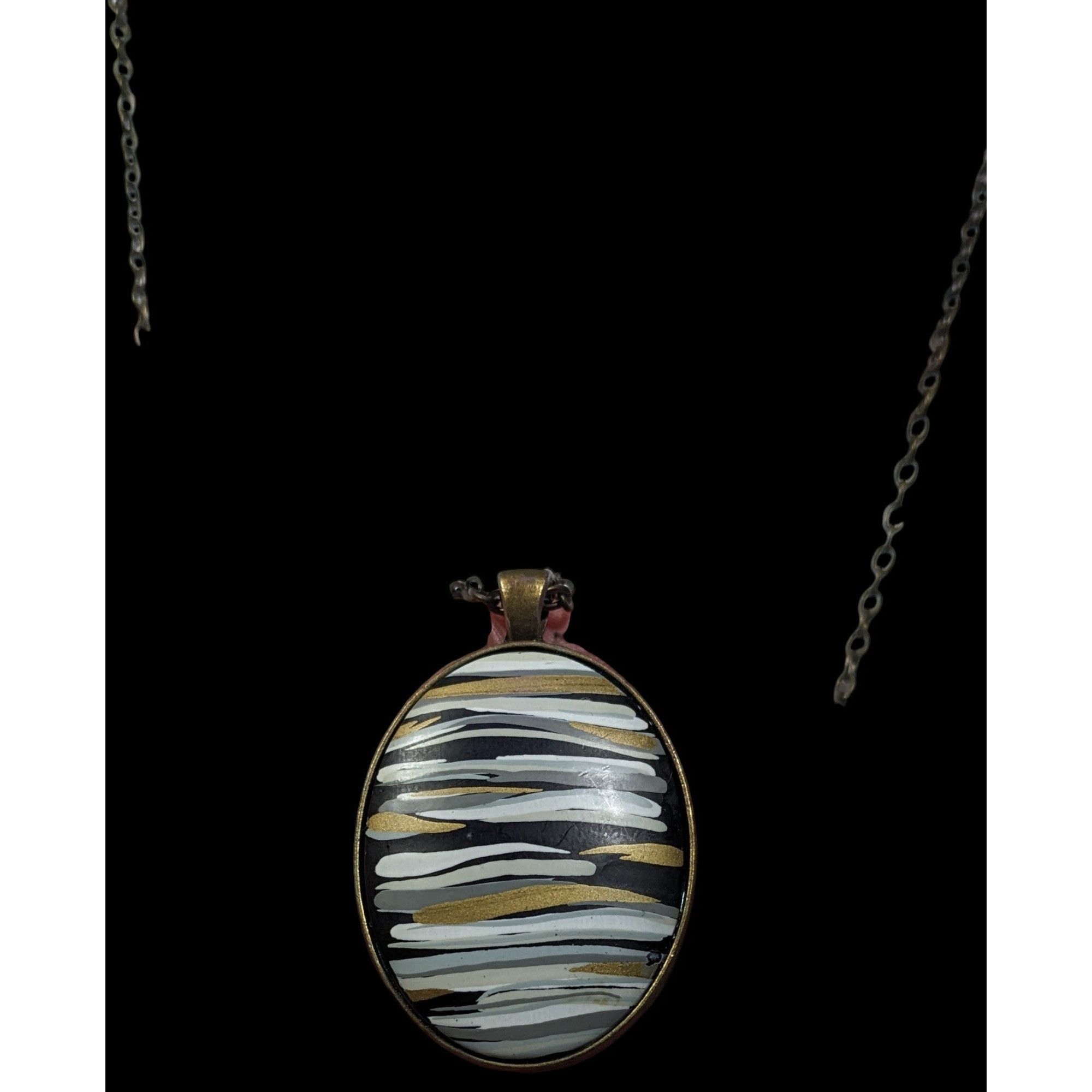 Other Hand Painted Striped Black White And Gold Tone Pendant Neckl Size ONE SIZE - 2 Thumbnail