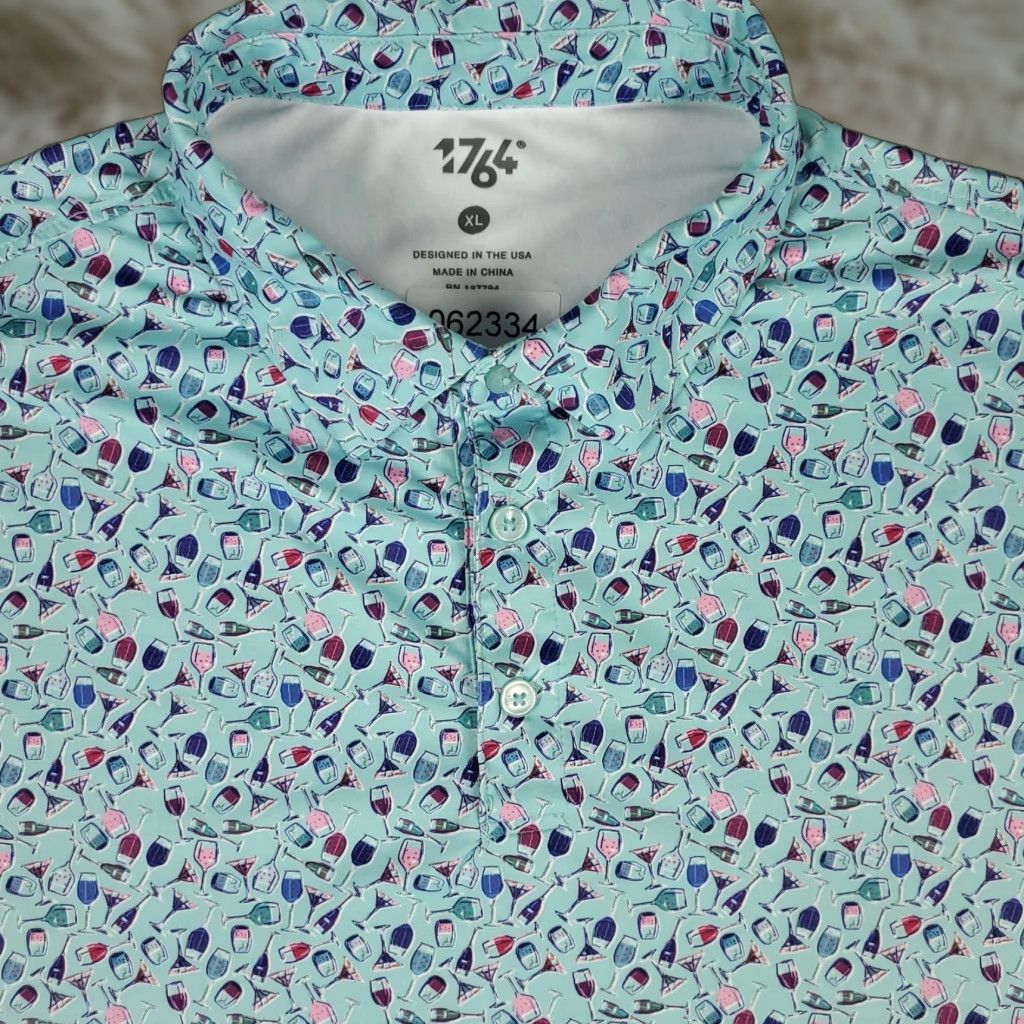 Vintage 1764 Polo Shirt Mens XL Blue Cocktail Glasses Print Stretch Golf Performance Size US XL / EU 56 / 4 - 1 Thumbnail