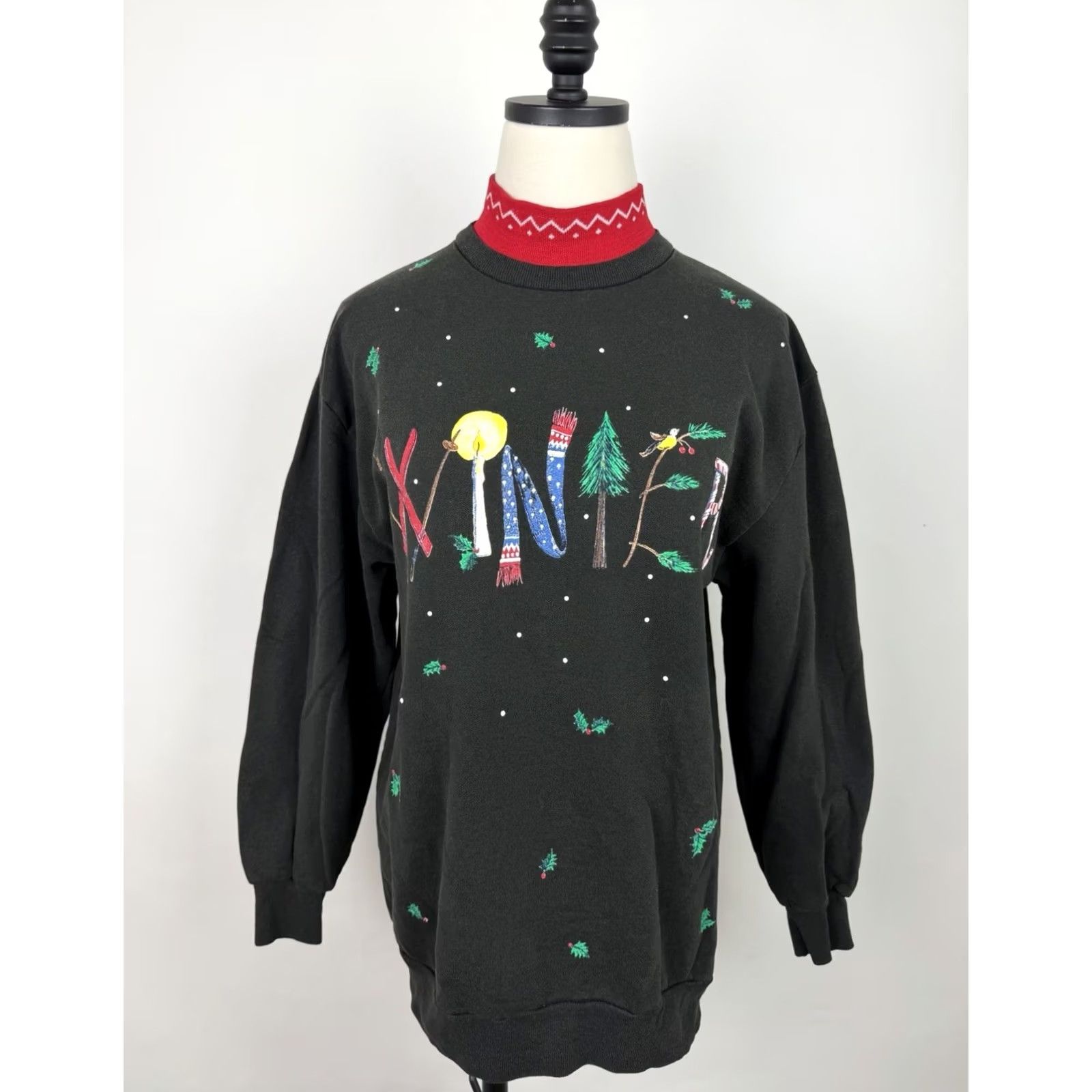 Vintage VINTAGE Bobbie Brooks Sweatshirt Womens Medium Mock Neck Christmas Holiday Pullover Knit Black 80s 90s Vintage Womens Medium Sweatshirt Size M / US 6-8 / IT 42-44 - 2 Thumbnail
