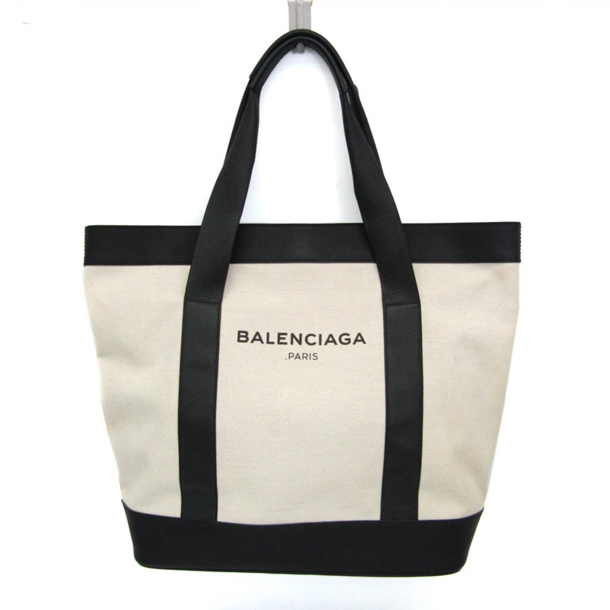 Balenciaga Navy Tote 374767 WomenMen CanvasLeather Tote Bag BlackOff-white