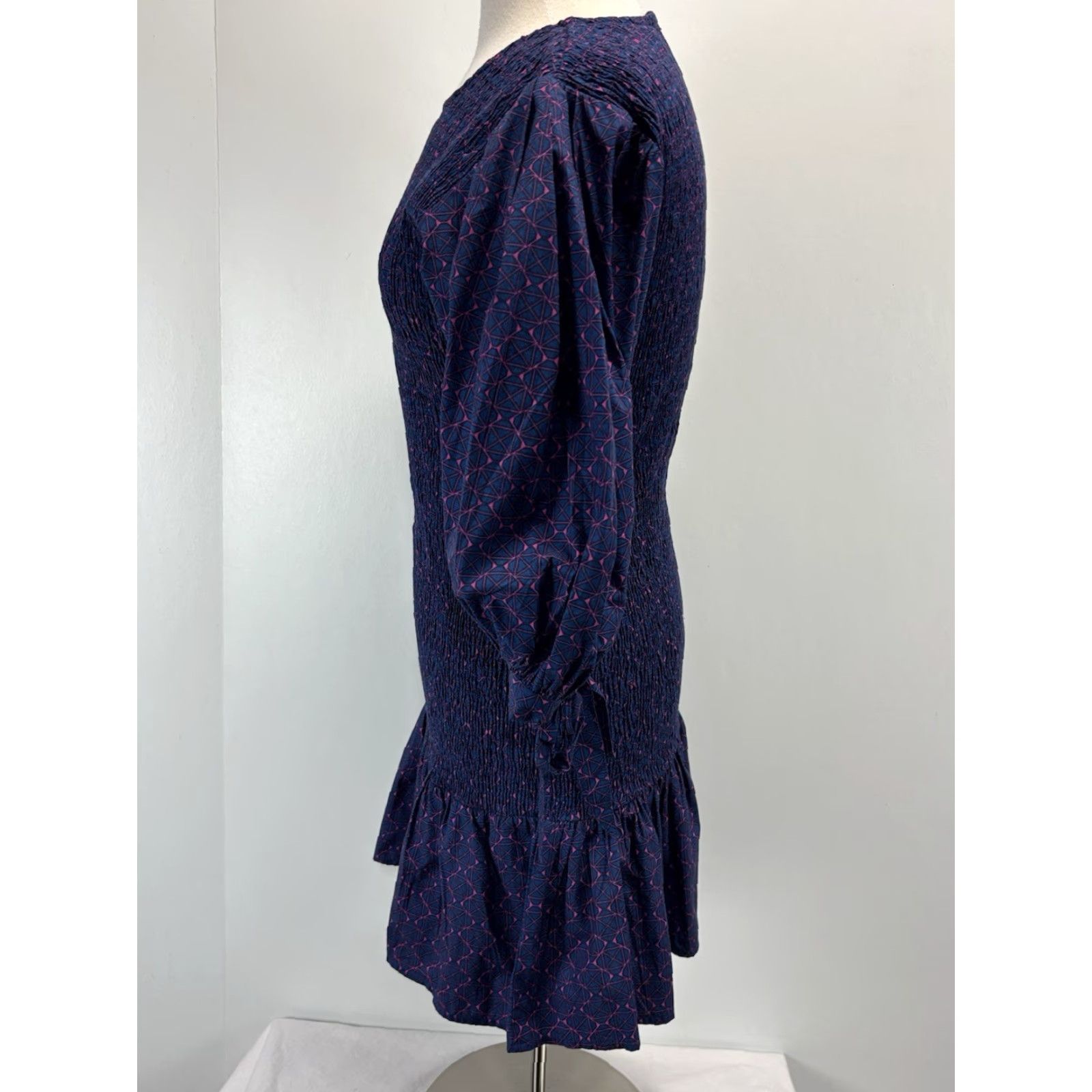 Vintage Oliphant Morocco Mini Dress Women’s M Blue Puff Sleeve Stretch Smocked Tie Sleeves Vintage? No — Pre-owned Excellent — Zip Closure Size M / US 6-8 / IT 42-44 - 2 Thumbnail