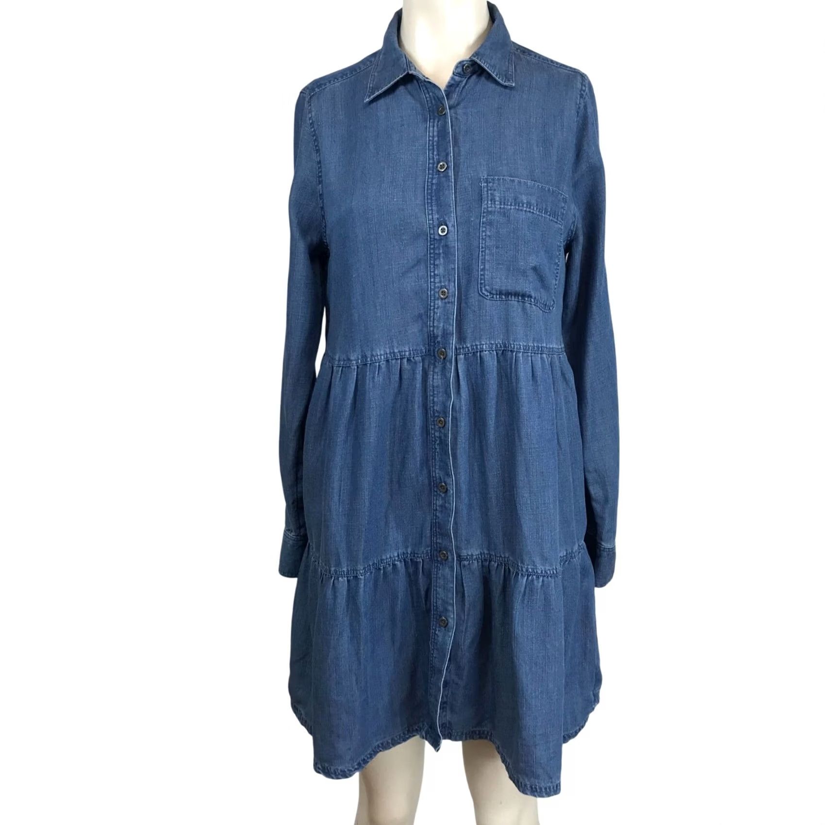 Loft LOFT WOMEN'S S BLUE DENIM LONG SLEEVE BUTTON LYOCELL RUFFLE DRESS Shirt Dress Small/XS? Wait: Correction needed. Size S / US 4 / IT 40 - 2 Thumbnail