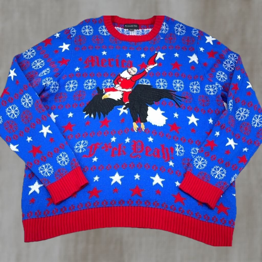 Vintage Blizzard Bay Christmas Sweater Men XXL Blue Red White Santa Jesus Eagle Rodeo Size US XXL / EU 58 / 5 - 1 Thumbnail