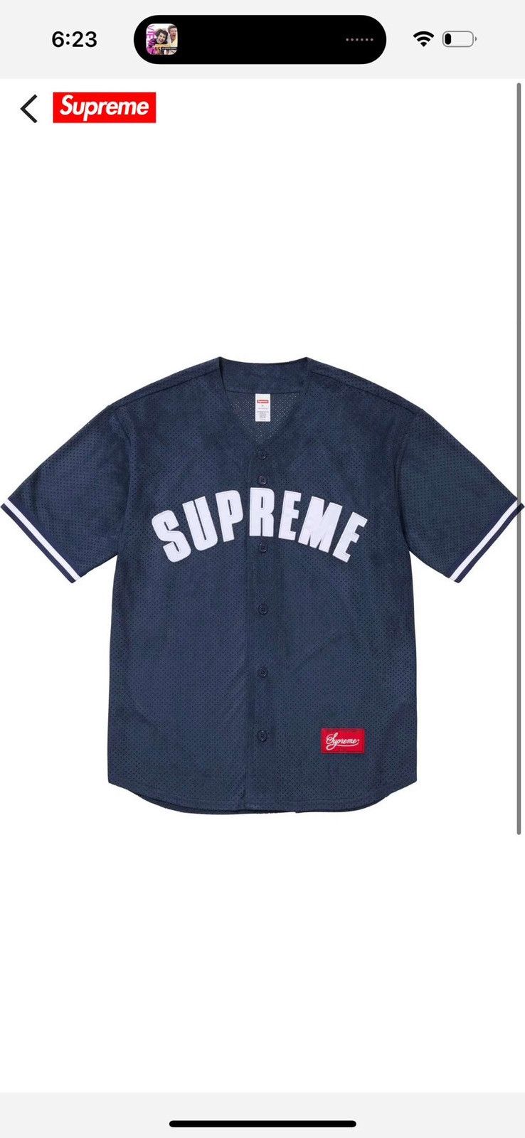 image of Supreme Ultrasuede Mesh Baseball Jersey in Navy, Men's (Size Small)