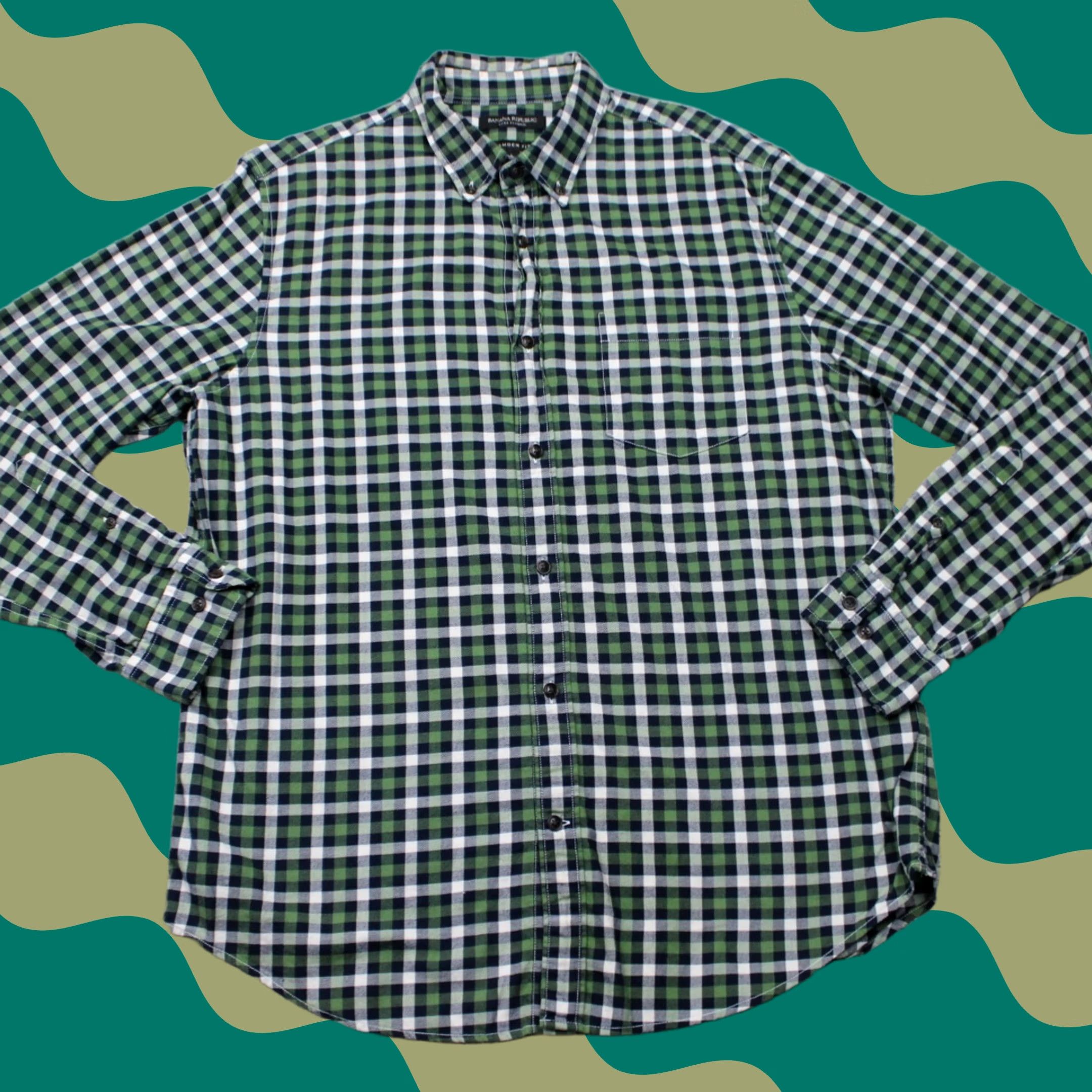 Banana Republic Banana Republic Luxe Flannel Shirt Mens Large Green/Black Camden Fit Cotton L/S Size US L / EU 52-54 / 3 - 1 Thumbnail