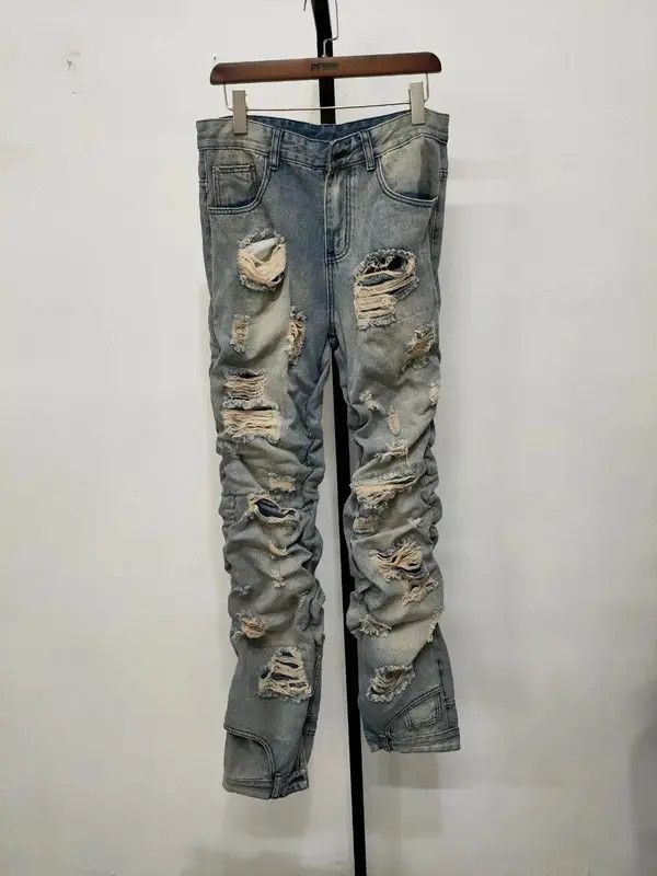 Japanese Brand Designer form-fitting holey pleated jeans trousers y2k 90’s Size US 30 / EU 46 - 3 Thumbnail