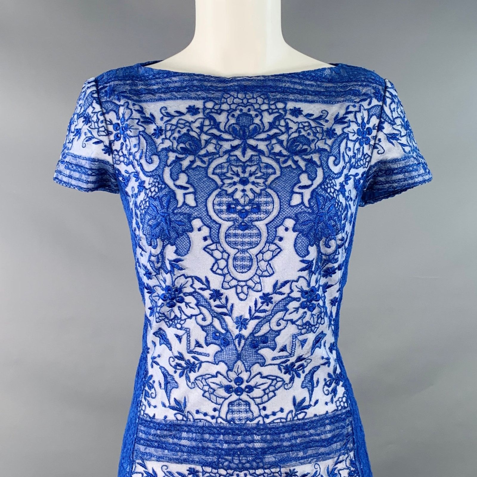 Tadashi Shoji Blue White Rayon Blend Lace Short Sleeve Cocktail Dress Size M / US 6-8 / IT 42-44 - 2 Thumbnail