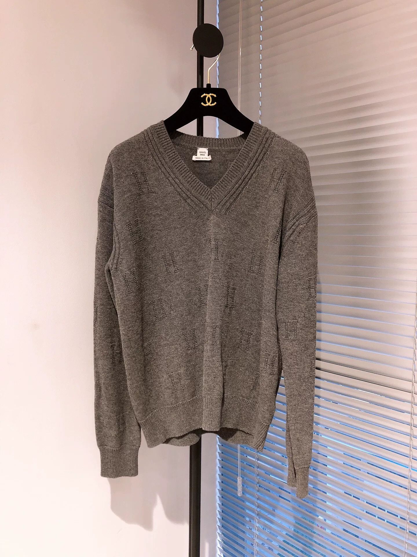 Hermes Gray V-Neck H Print Wool Sweater